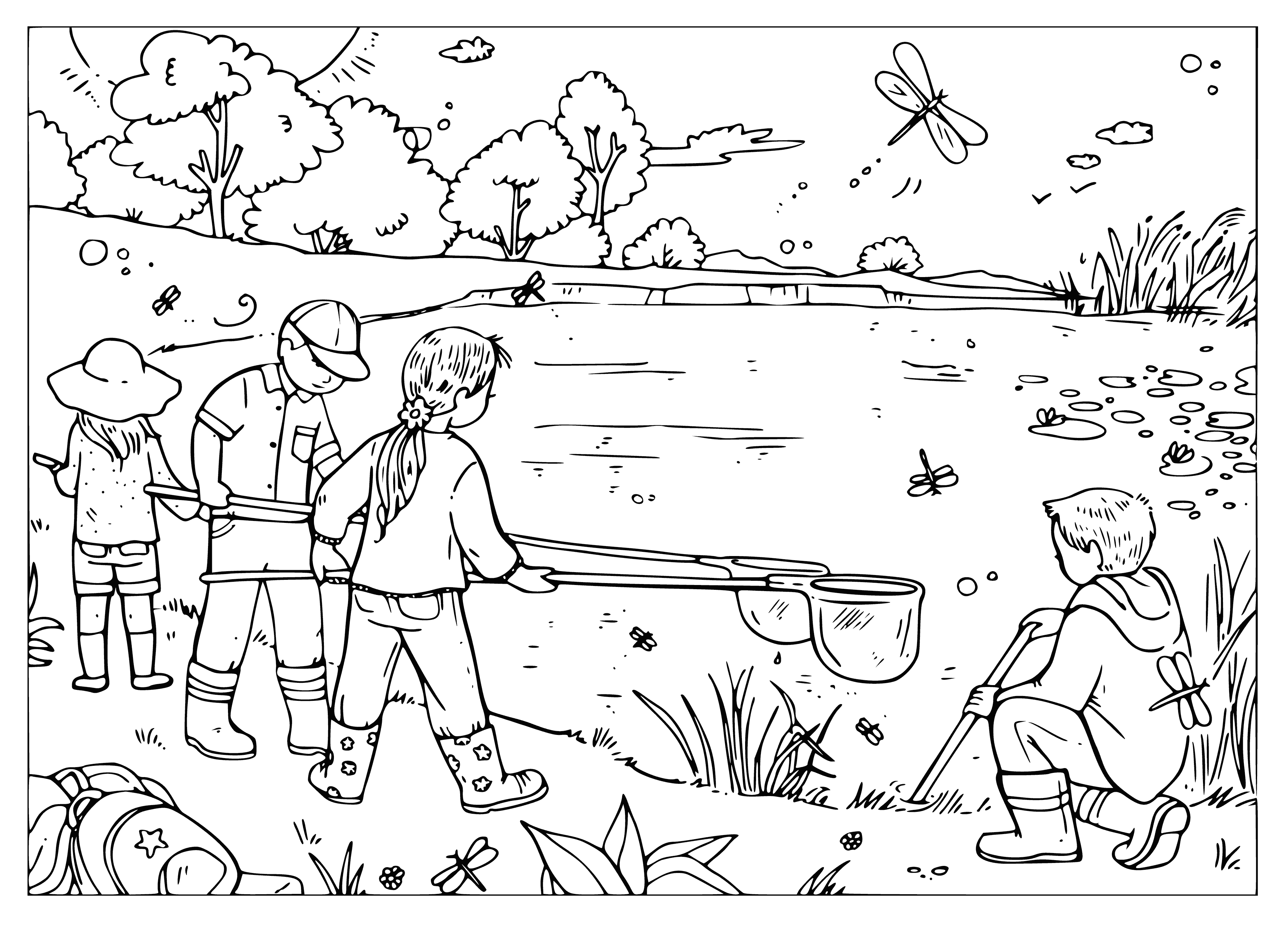 coloring page: Group of kids having fun around a lake - peace and calm. #SummerVibes