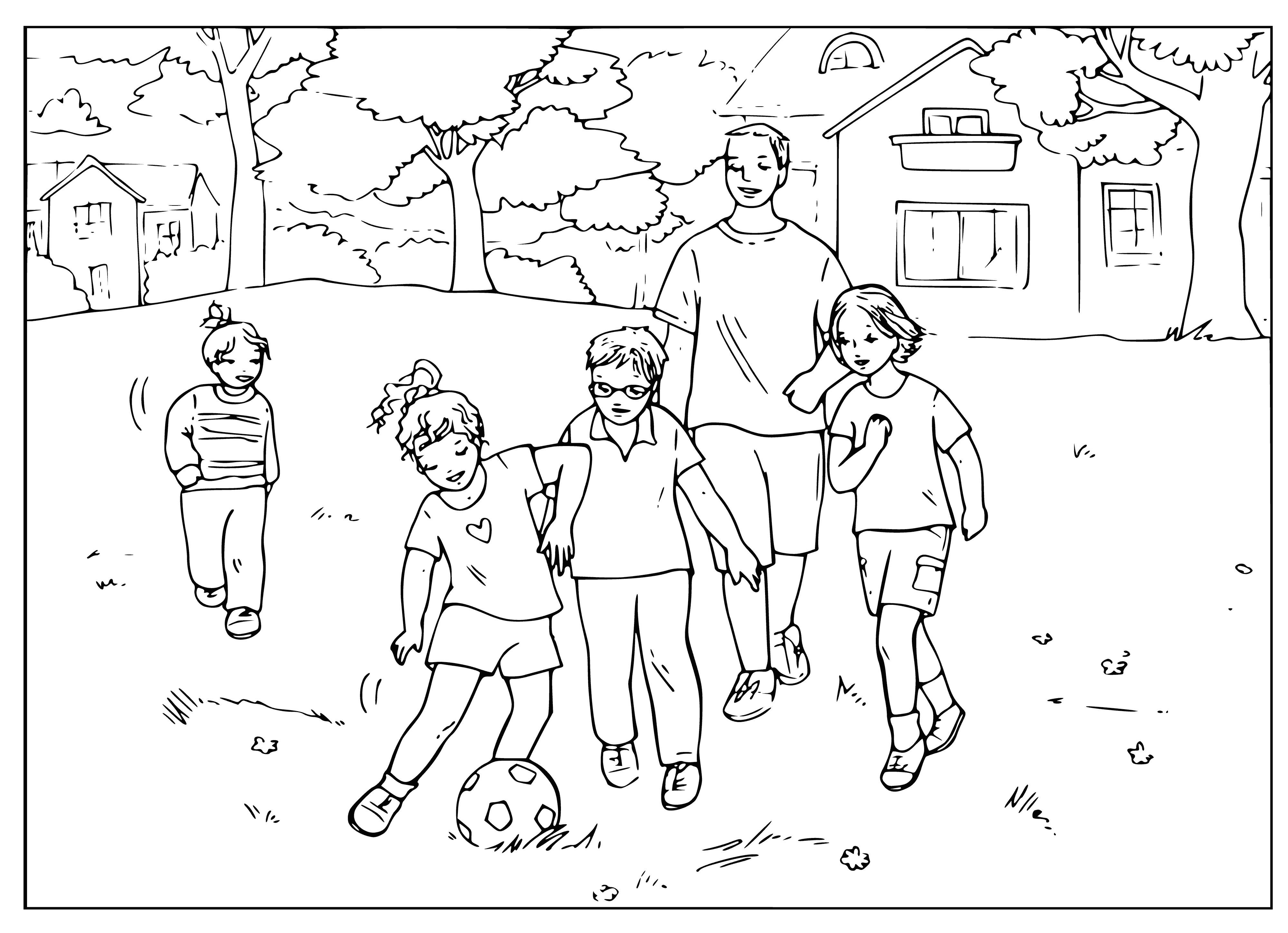 coloring page: Two teams of 11 players wearing their colors playing to score by getting the ball into the opposite goal.