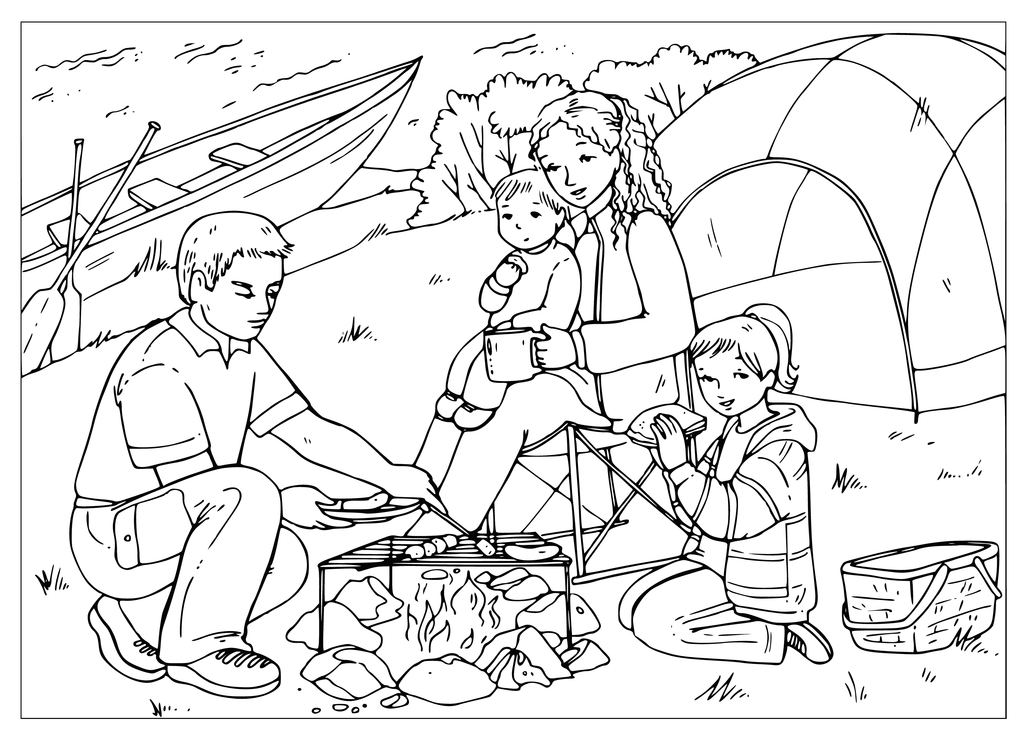 coloring page: Family making memories by a summer fire, roasting marshmallows & having fun.