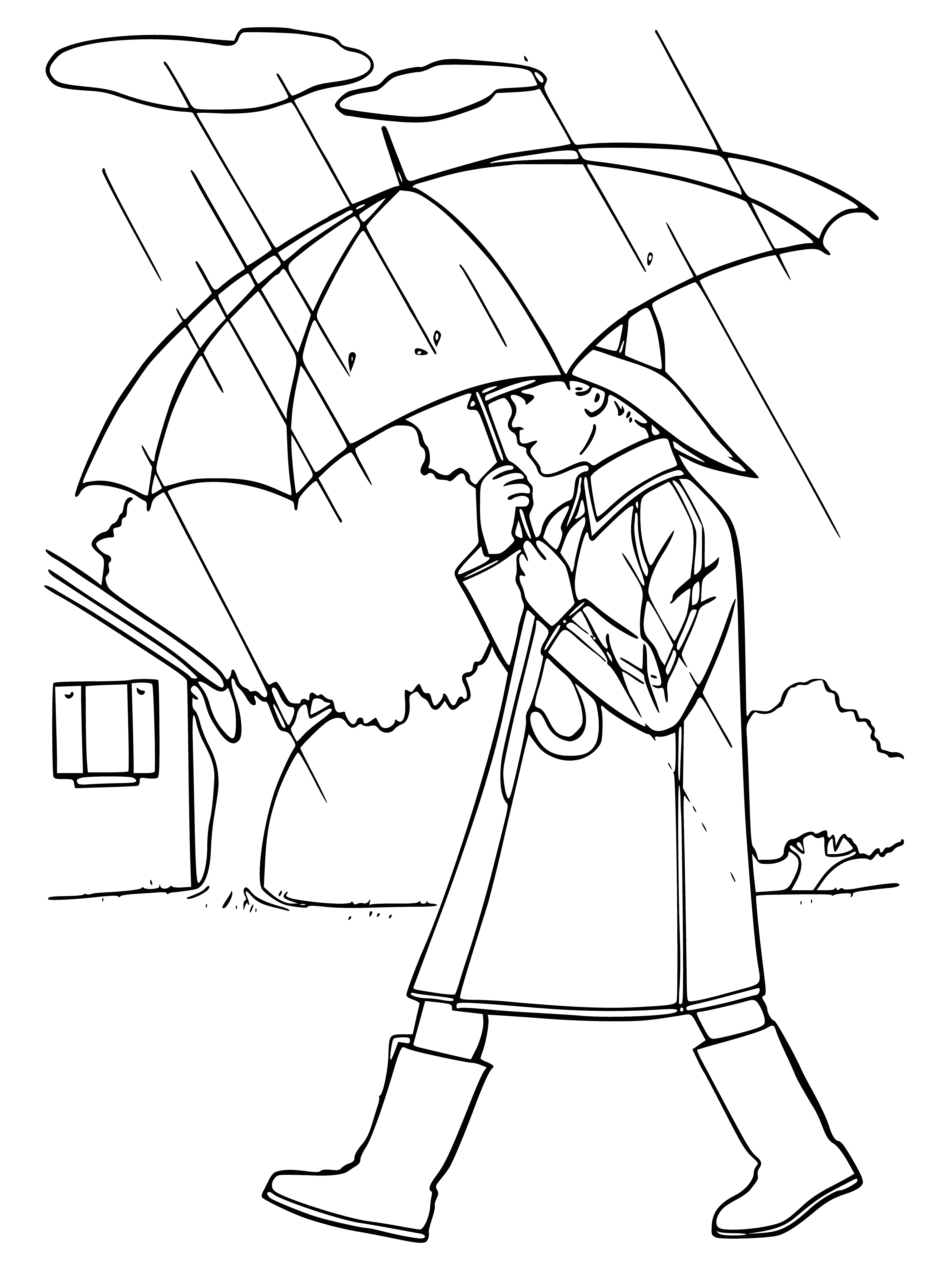 coloring page: Boy in coloring page walks in rain wearing blue coat, red umbrella & black backpack.