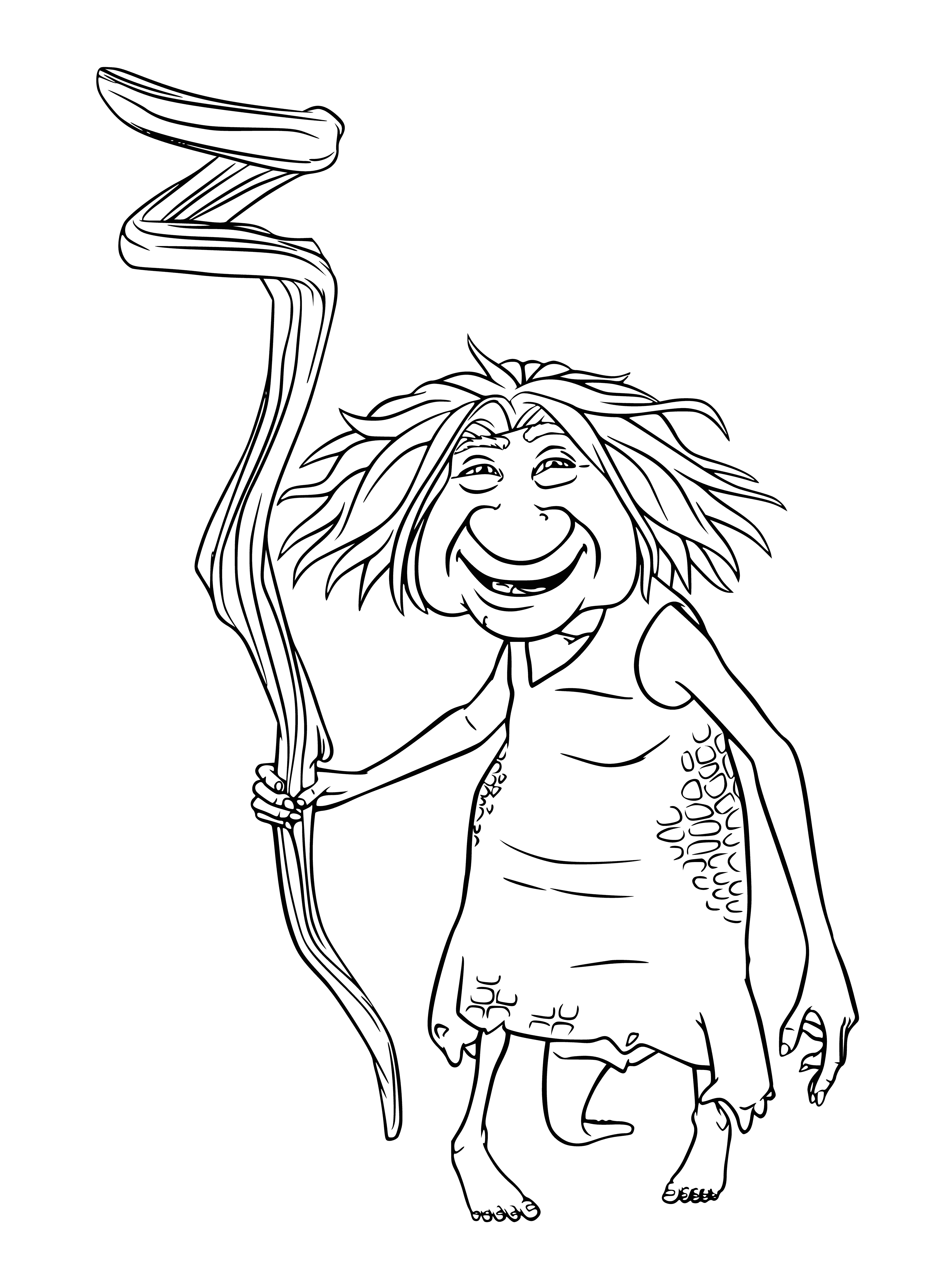 coloring page: Grandma Croods: wrinkly, toothless, bald, plump-nosed, and thin. Big smile despite her age.
