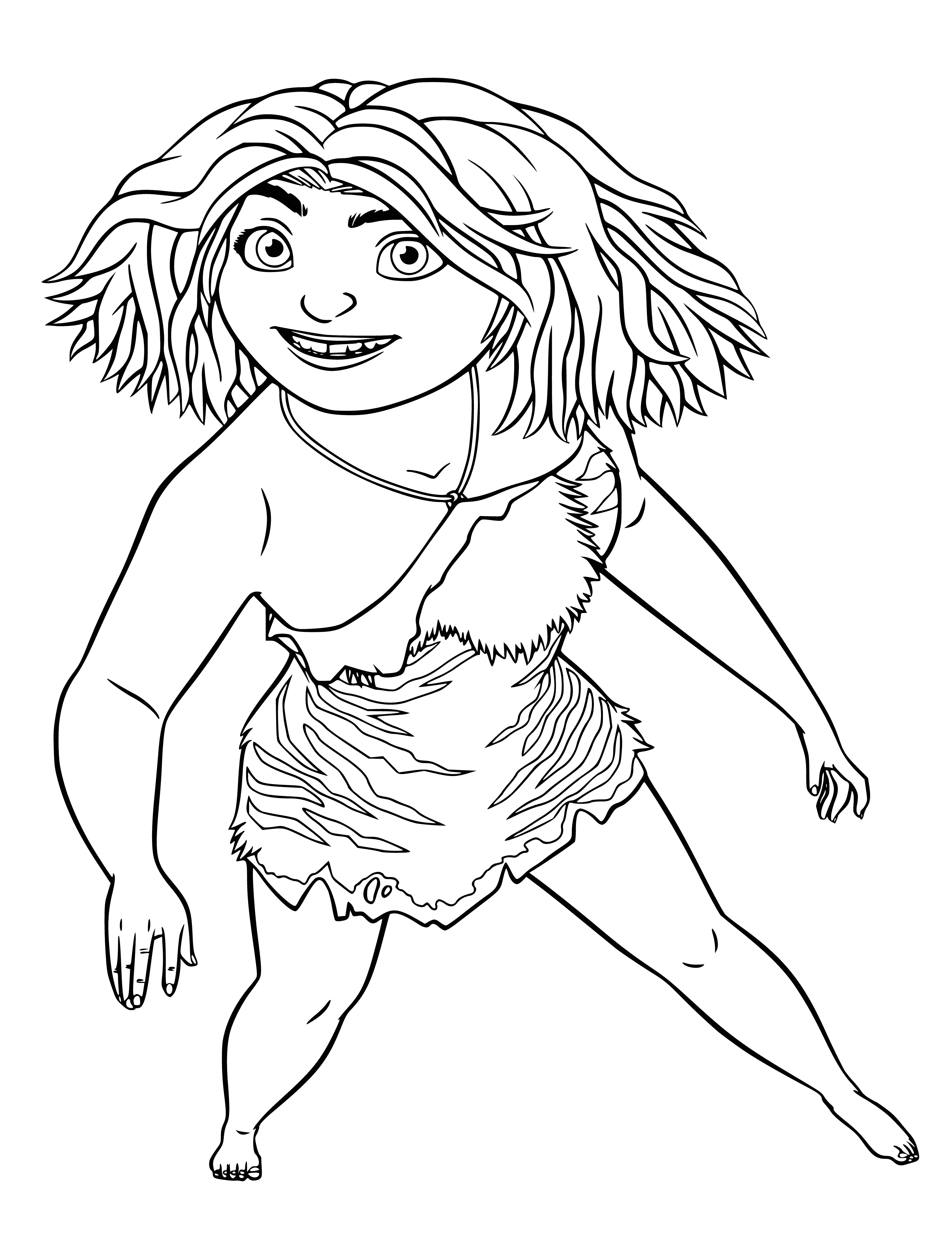 coloring page: Gip is a Caveman; small, skinny, big head, big eyes, lots of hair, wearing a loincloth, standing in front of a fire smiling.