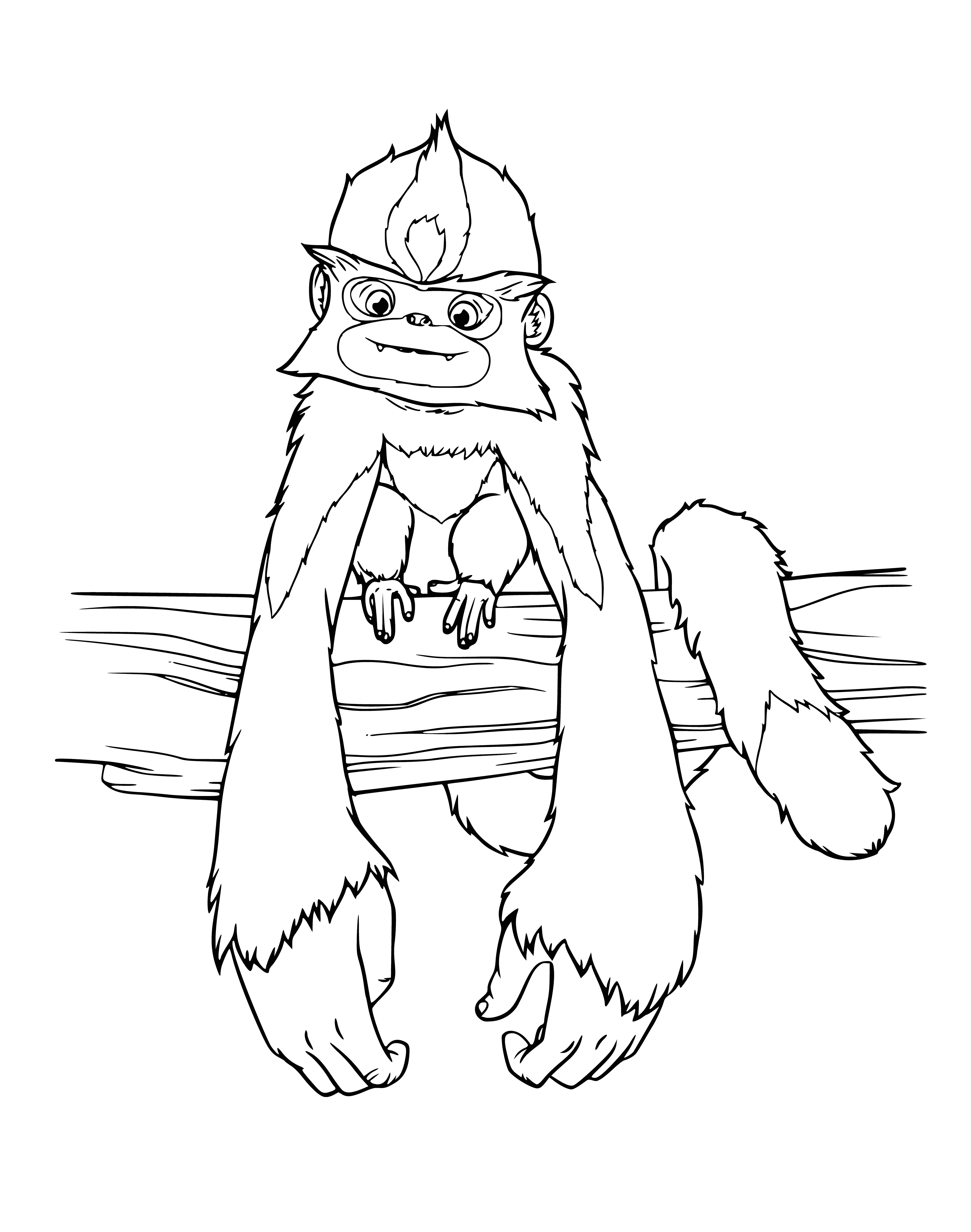 coloring page: Small brown monkey sits atop green rock. Hands clasped together, eyes closed, face to the sun. Enjoying the warmth and peace.