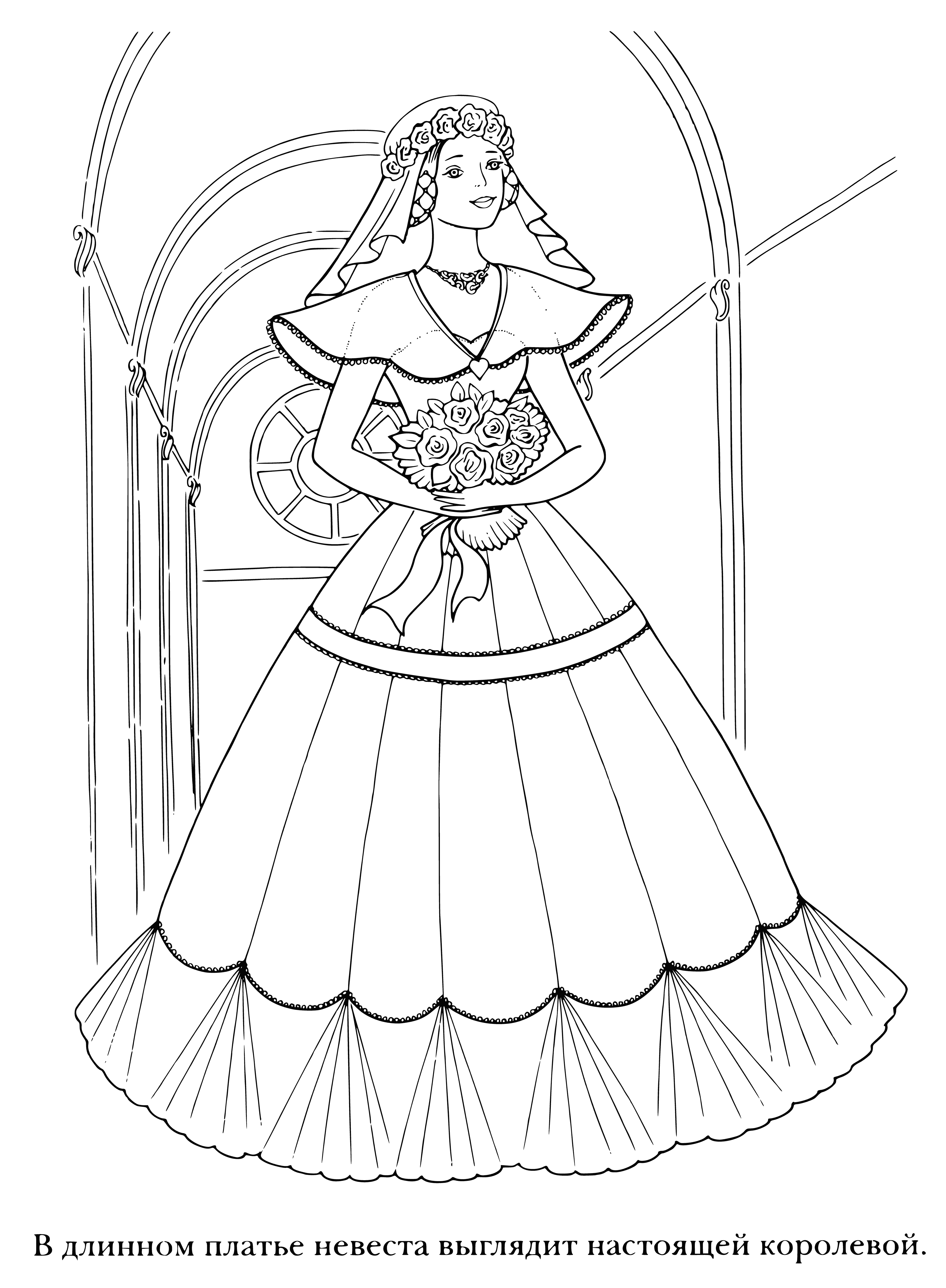coloring page: Woman in white dress stands at window, veil on head, flowers in hands.