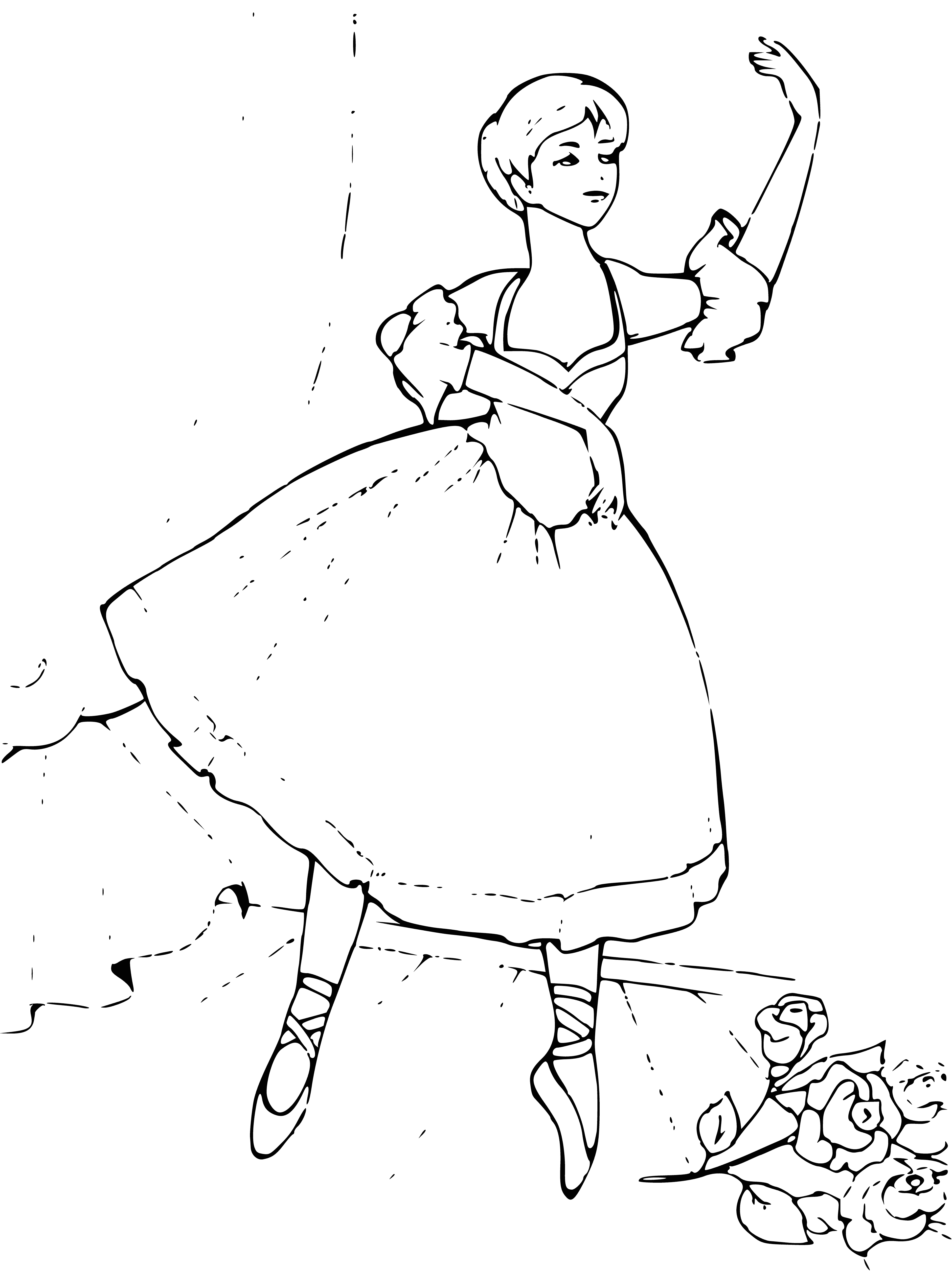 coloring page: A ballerina stands on pointe in a pale pink tutu, hair pulled back, arm raised, with a serious expression.