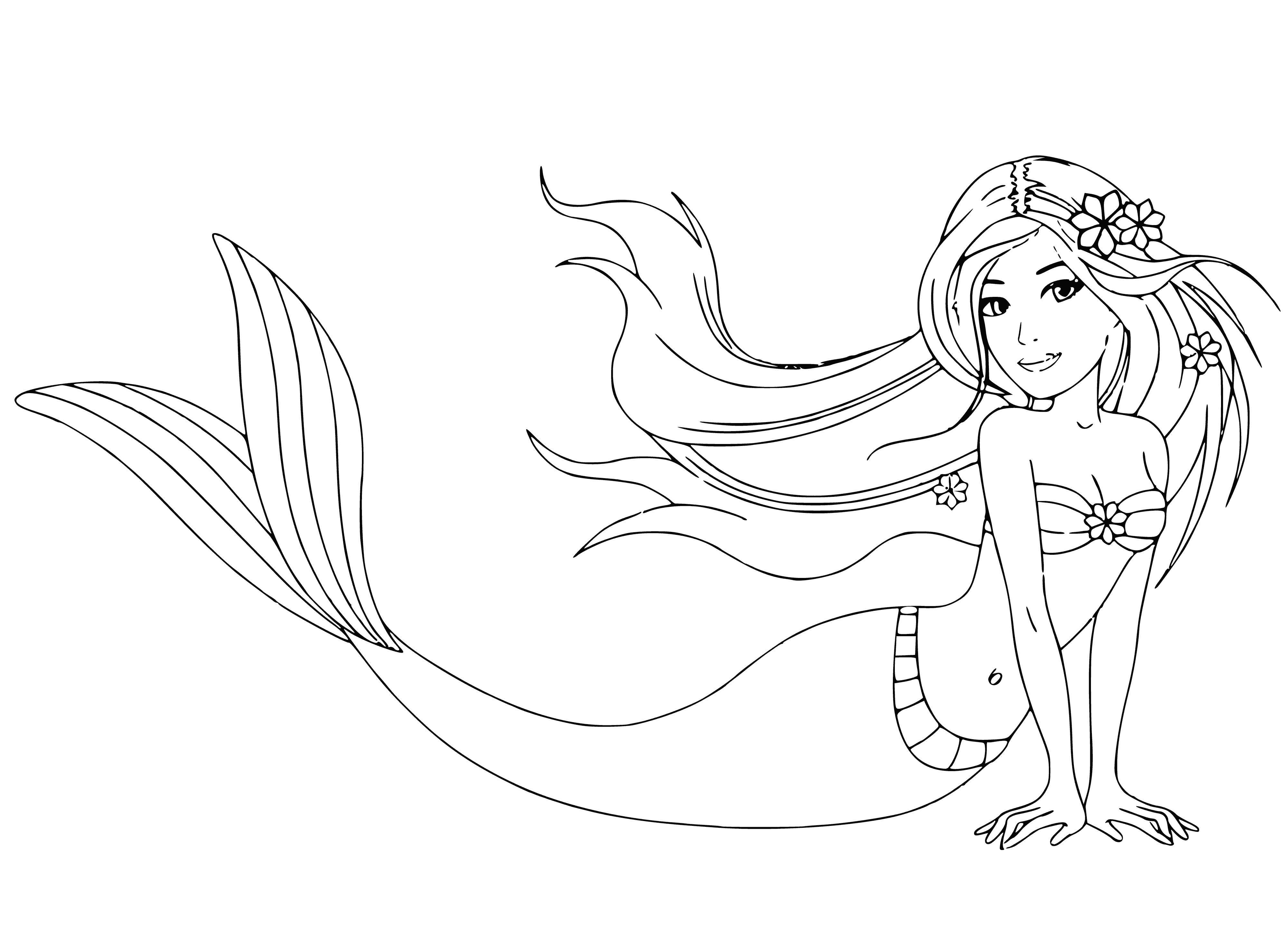 coloring page: 3 mermaids singing & playing instr. w/ long, flowing hair & fishtails, swimming in the water- a beautiful scene for any coloring book!