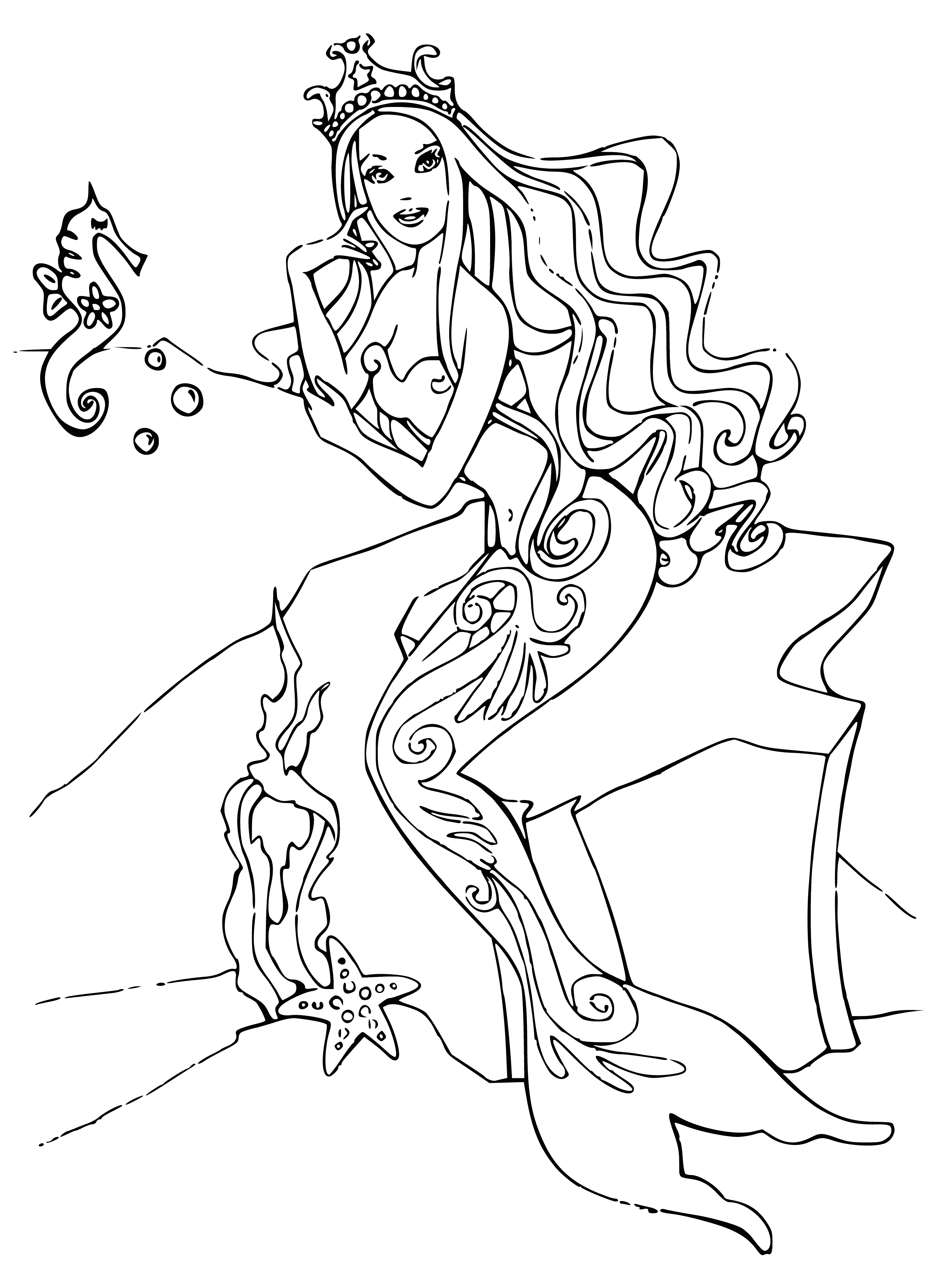 coloring page: #140char: Barbie is a mermaid ready to explore the ocean! She has a long pink dress, blonde curls & tropical accents like a bracelet & seashell in her hair.