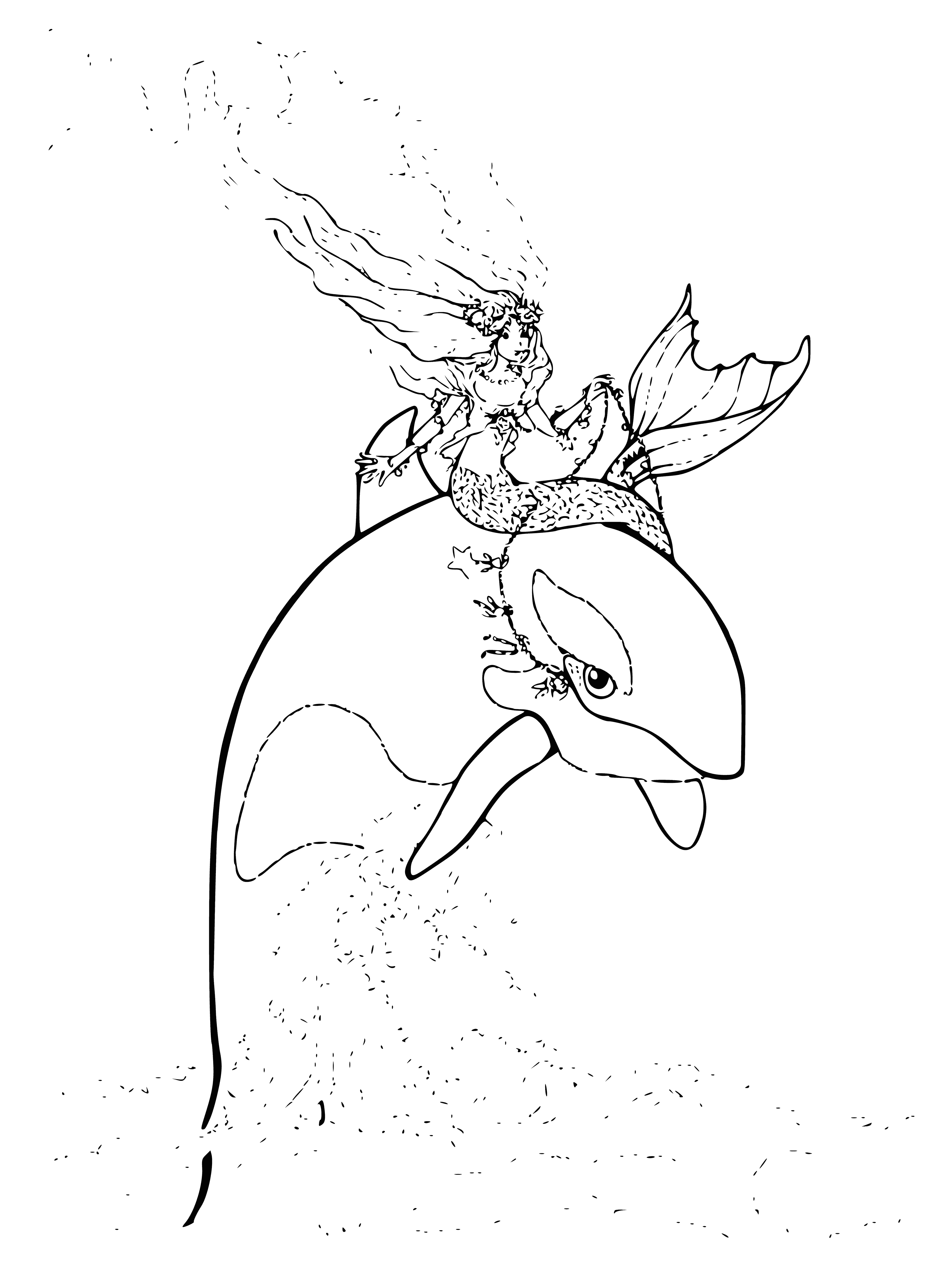 coloring page: Mermaids/Sirens are half human and fish: woman upper, fish lower, often riding whales.