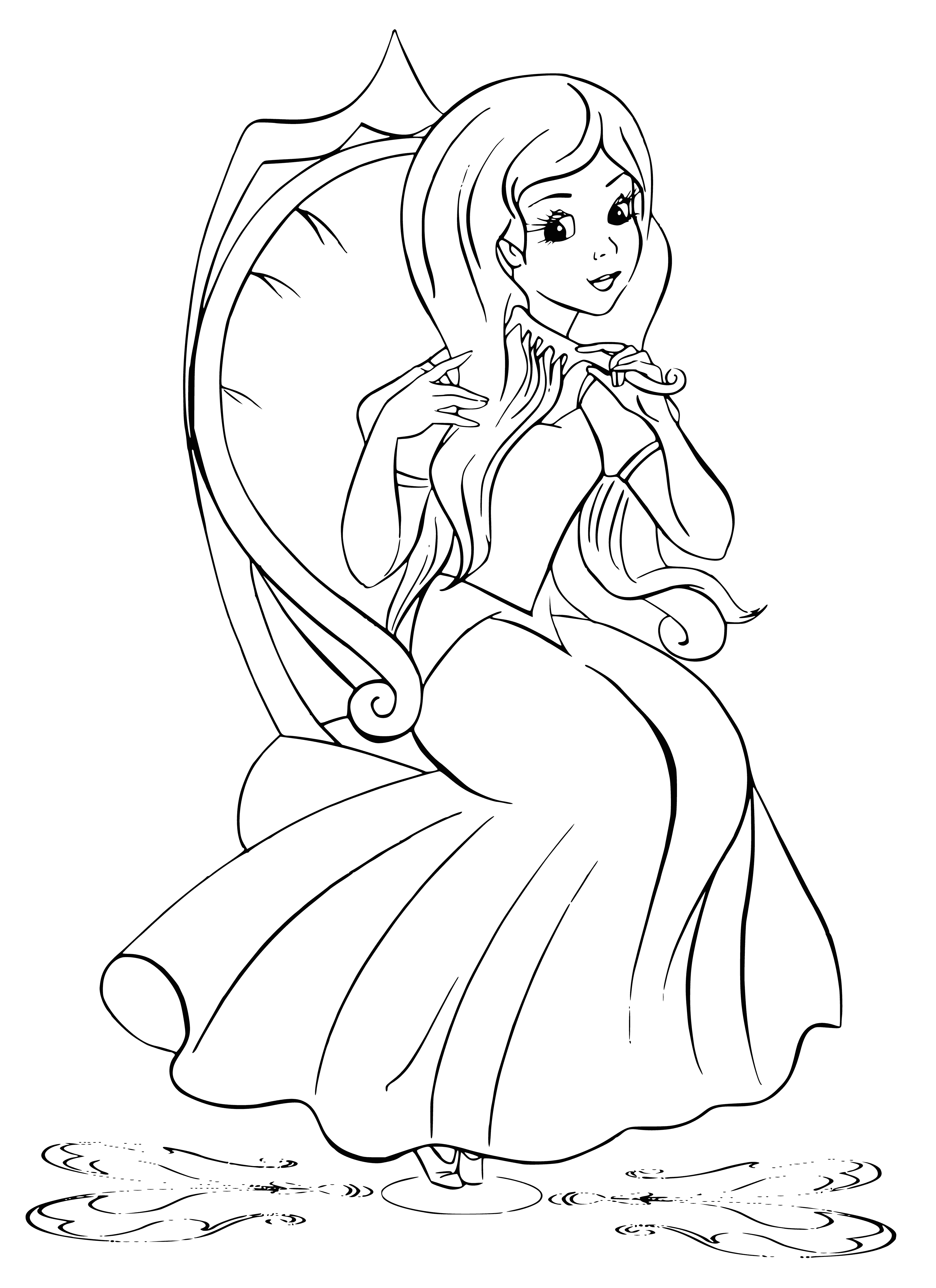 coloring page: Young princess combs her hair wearing white dress w/ blue sash & golden crown. #FairyTale