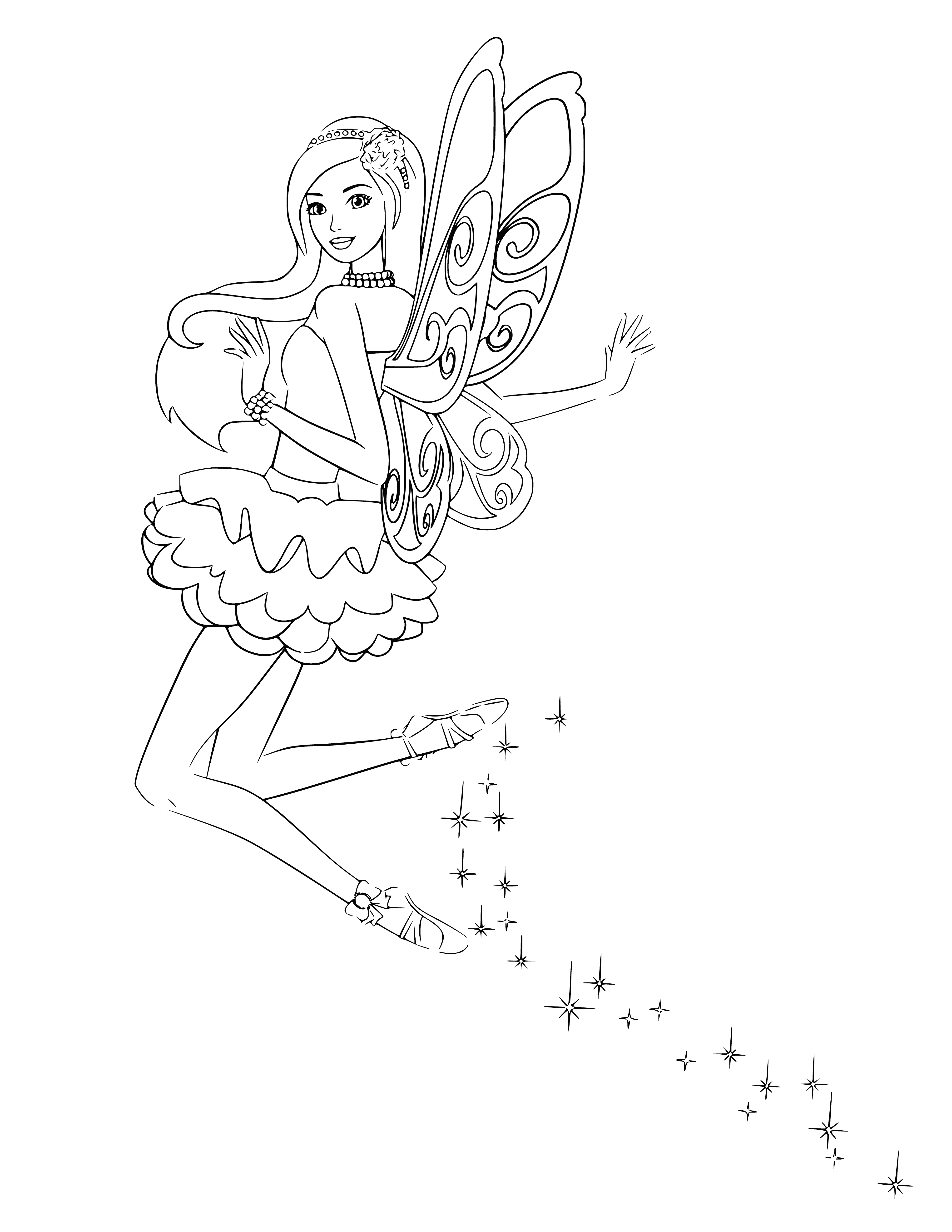 coloring page: Barbie doll with pink/purple wings, dress, and tiara standing on a cloud; hair blonde/sparkles.