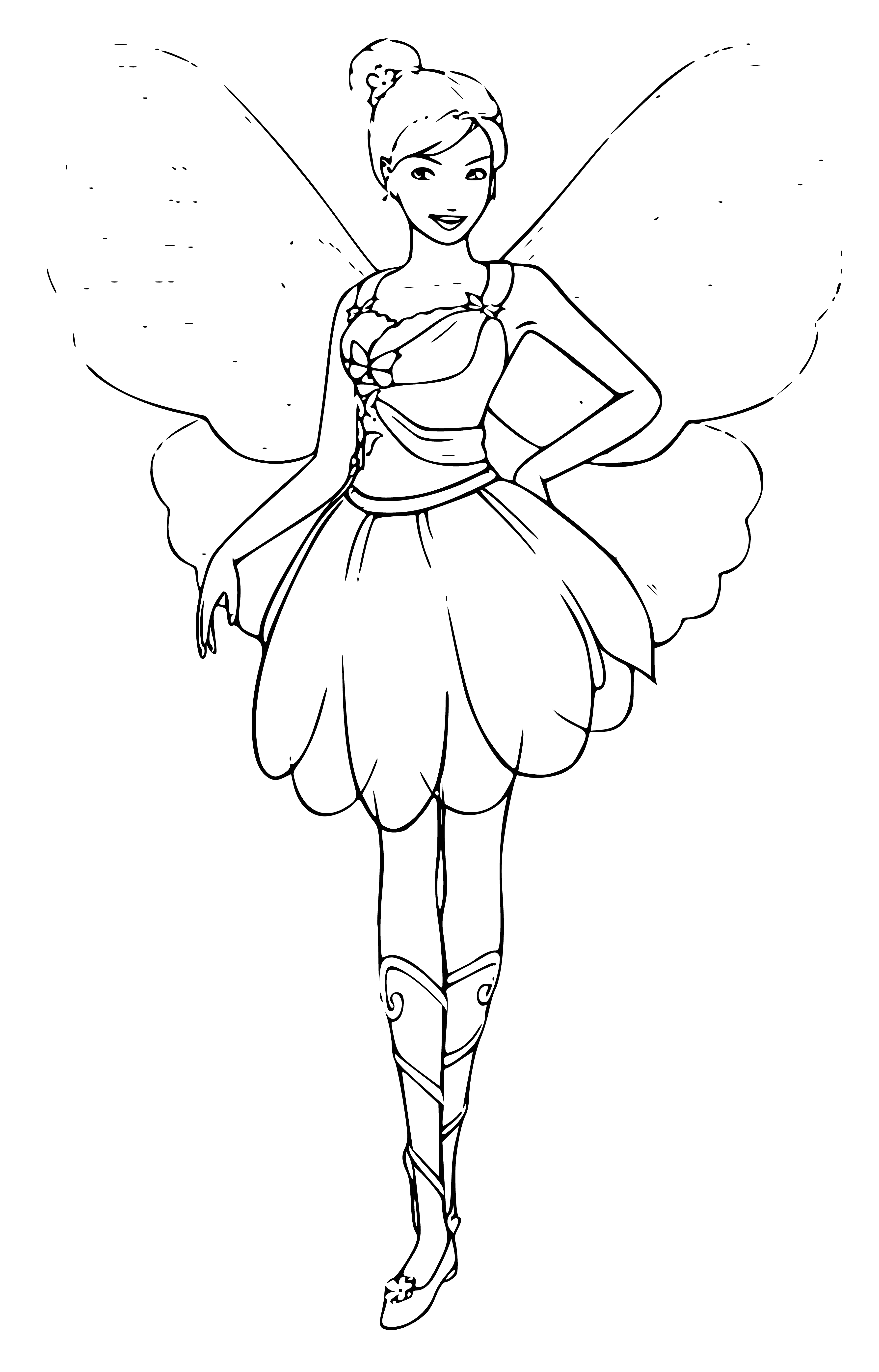 coloring page: Yellow Barbie with wings, pink dress, purple shoes & star-tipped wand sits on toadstool.