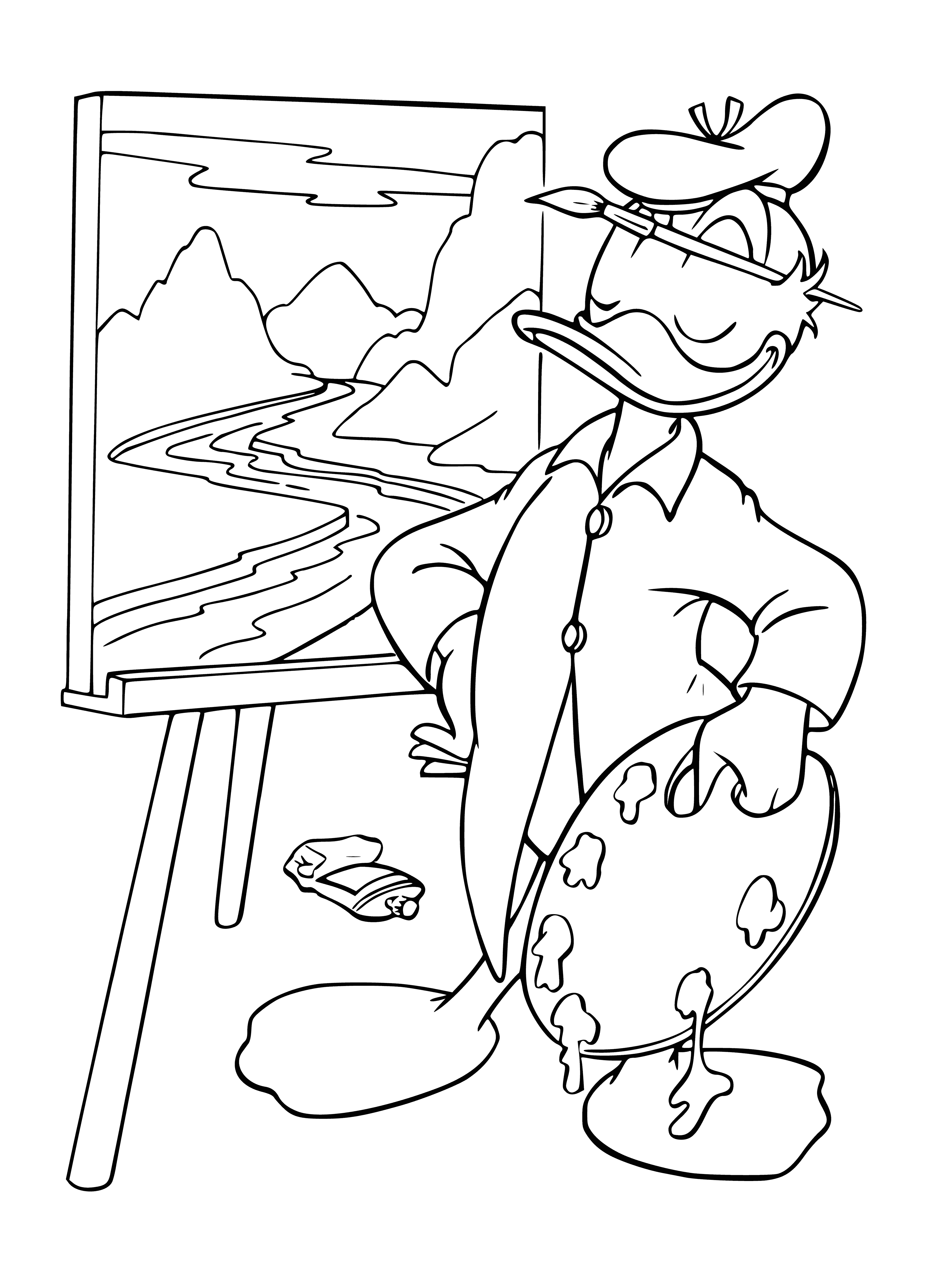 coloring page: Two mice stand in front of an easel; one holds a paintbrush, one a pencil. Brown & white and grey & white, both have paint on their tails.