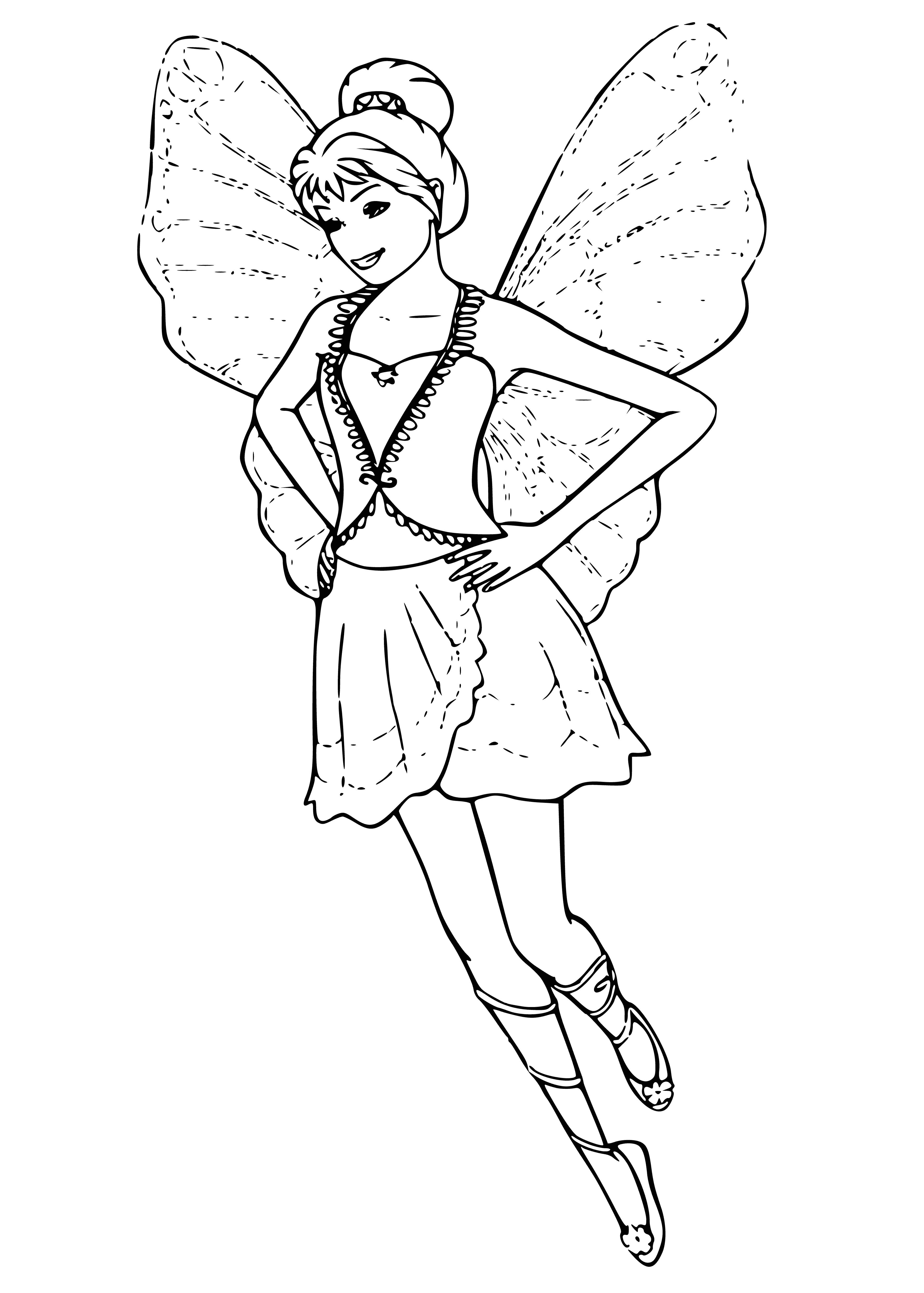 coloring page: Fairy Barbie: Long blonde hair in ponytail, blue eyes, pink dress & white undershirt, clear sparkly wings & a crown, wand in hand.