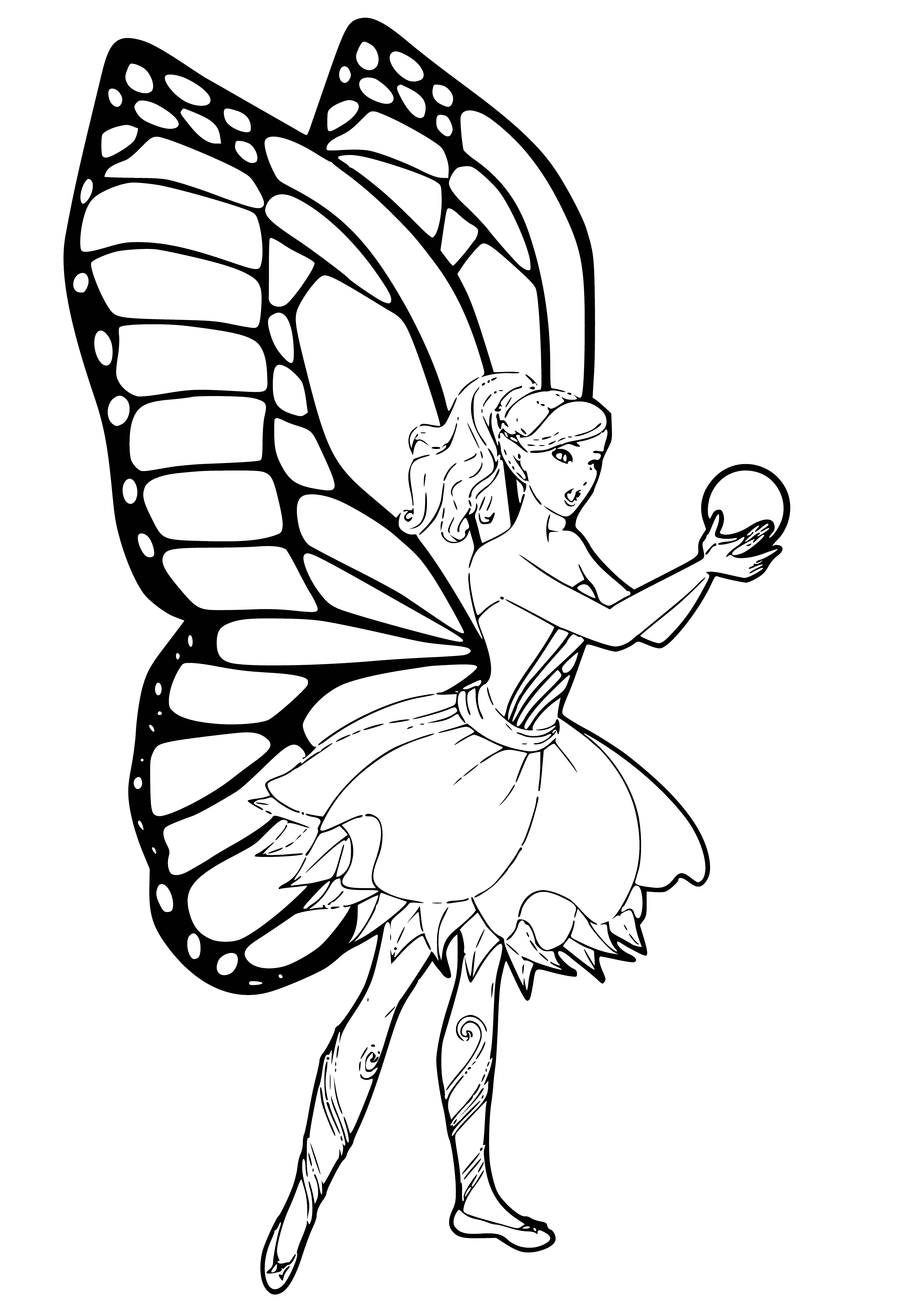 coloring page: Barbie is dressed in light pink with glitter & wings, a wand in 1 hand & a ponytail with pink ribbon. #Barbie