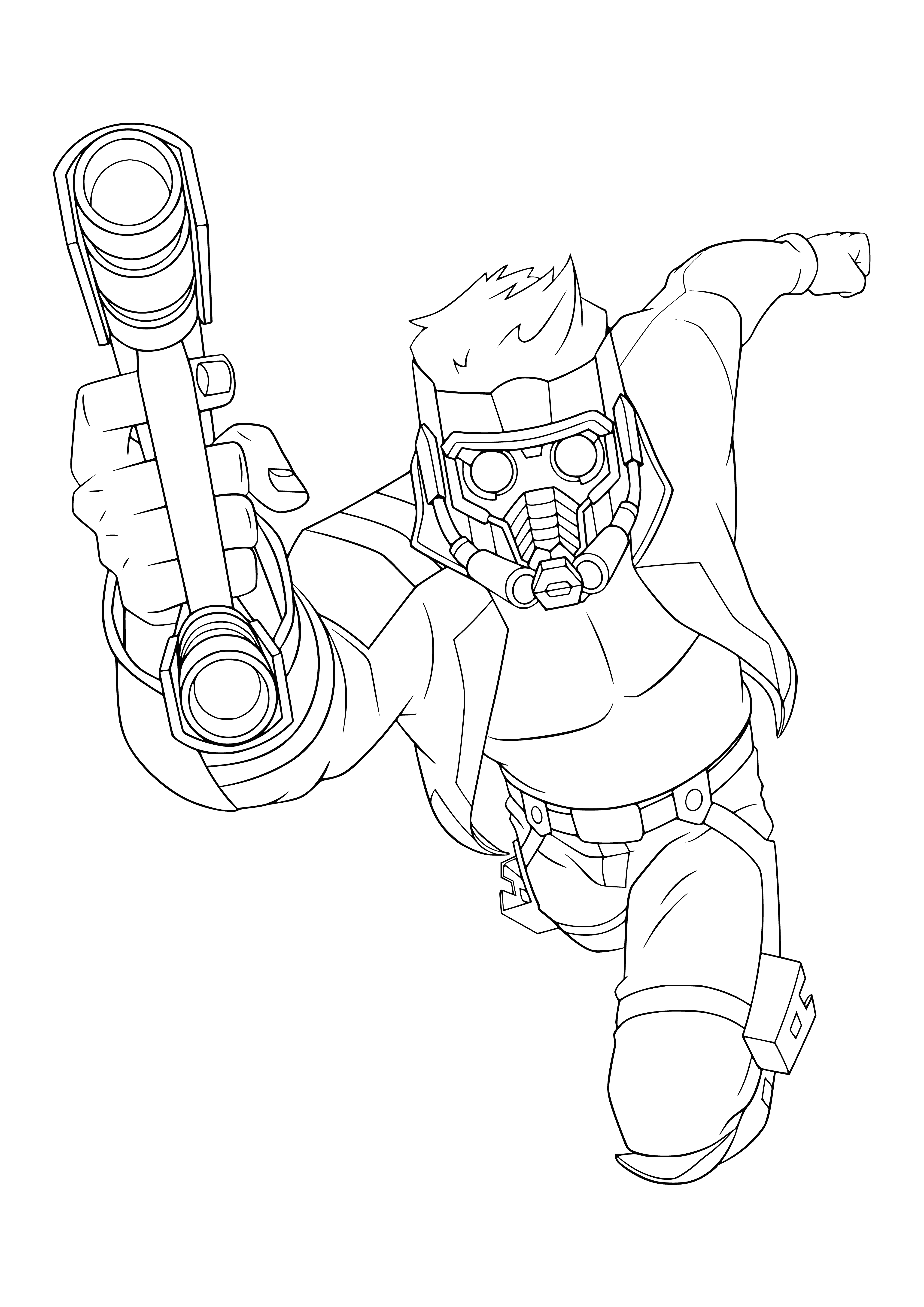 coloring page: Star Lord is a superhero leader in a red/gold suit with a cape & mask and a laser pistol. He leads the Guardians of the Galaxy!