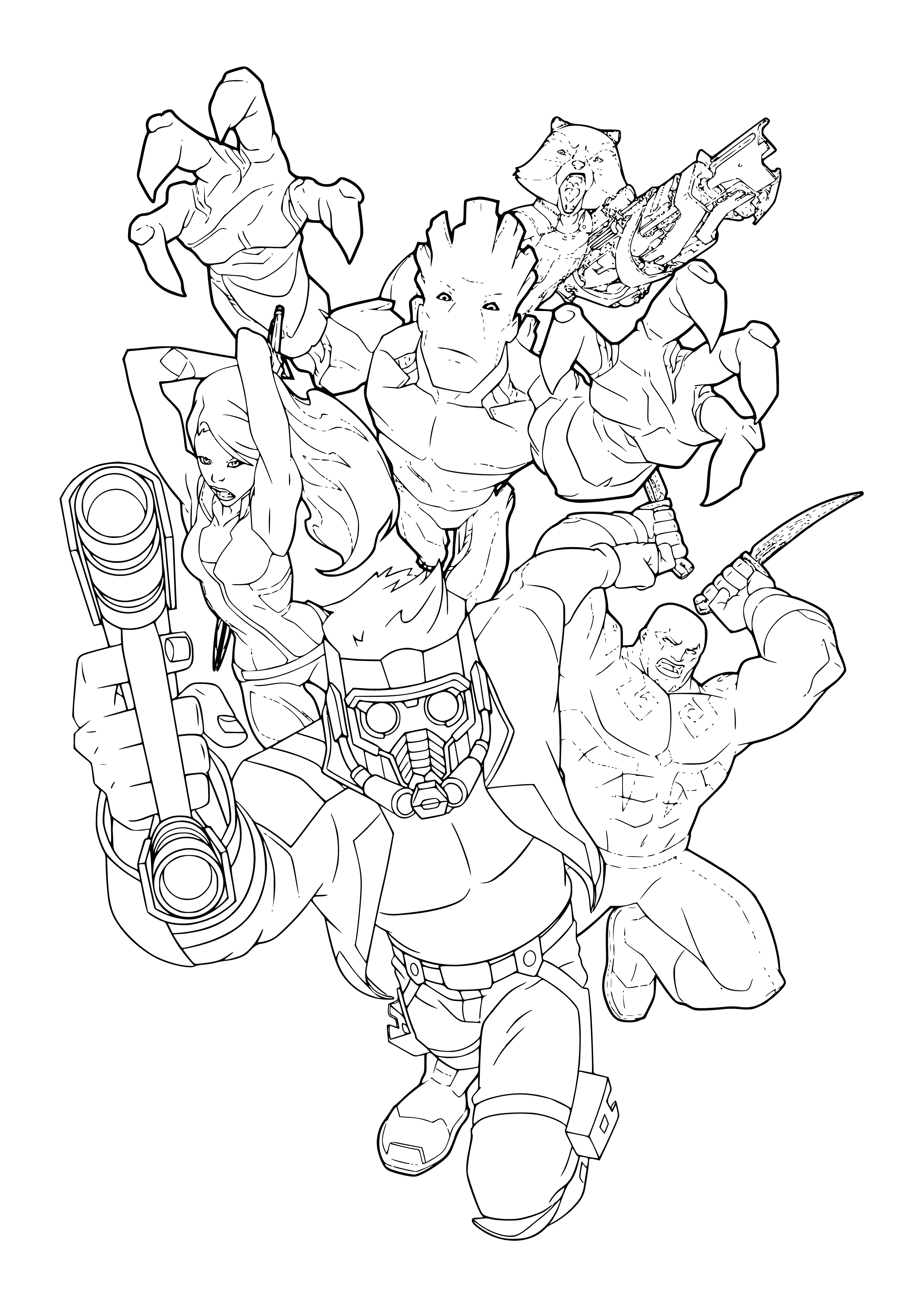 coloring page: Superhero team Guardians of the Galaxy comprised of Star-Lord, Gamora, Drax, Rocket, and Groot take it upon themselves to protect the universe and keep the peace. #Marvel