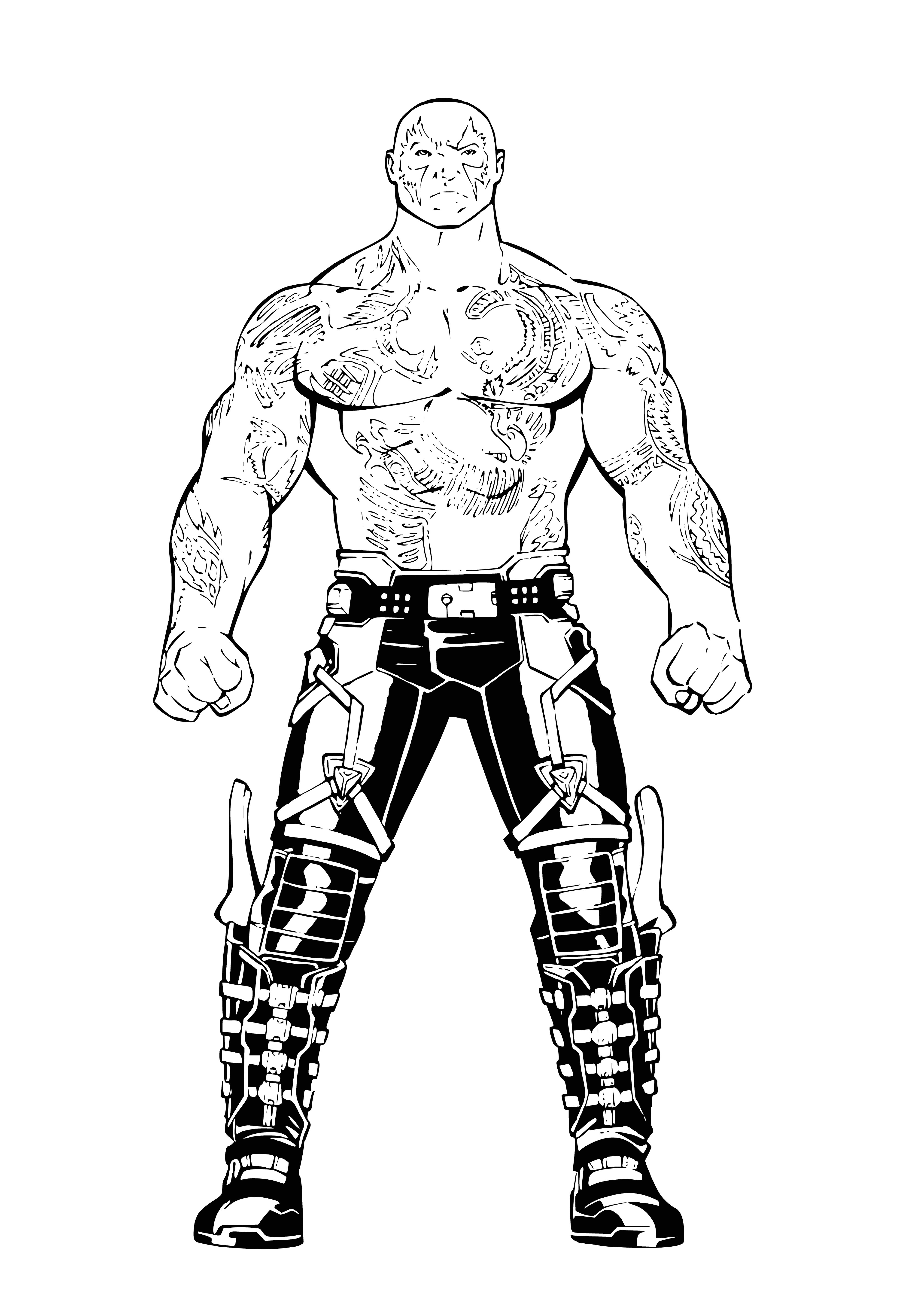 coloring page: Drax is a buff green giant with tattoos and a large and small knife in each hand, plus an axe from a chest strap.