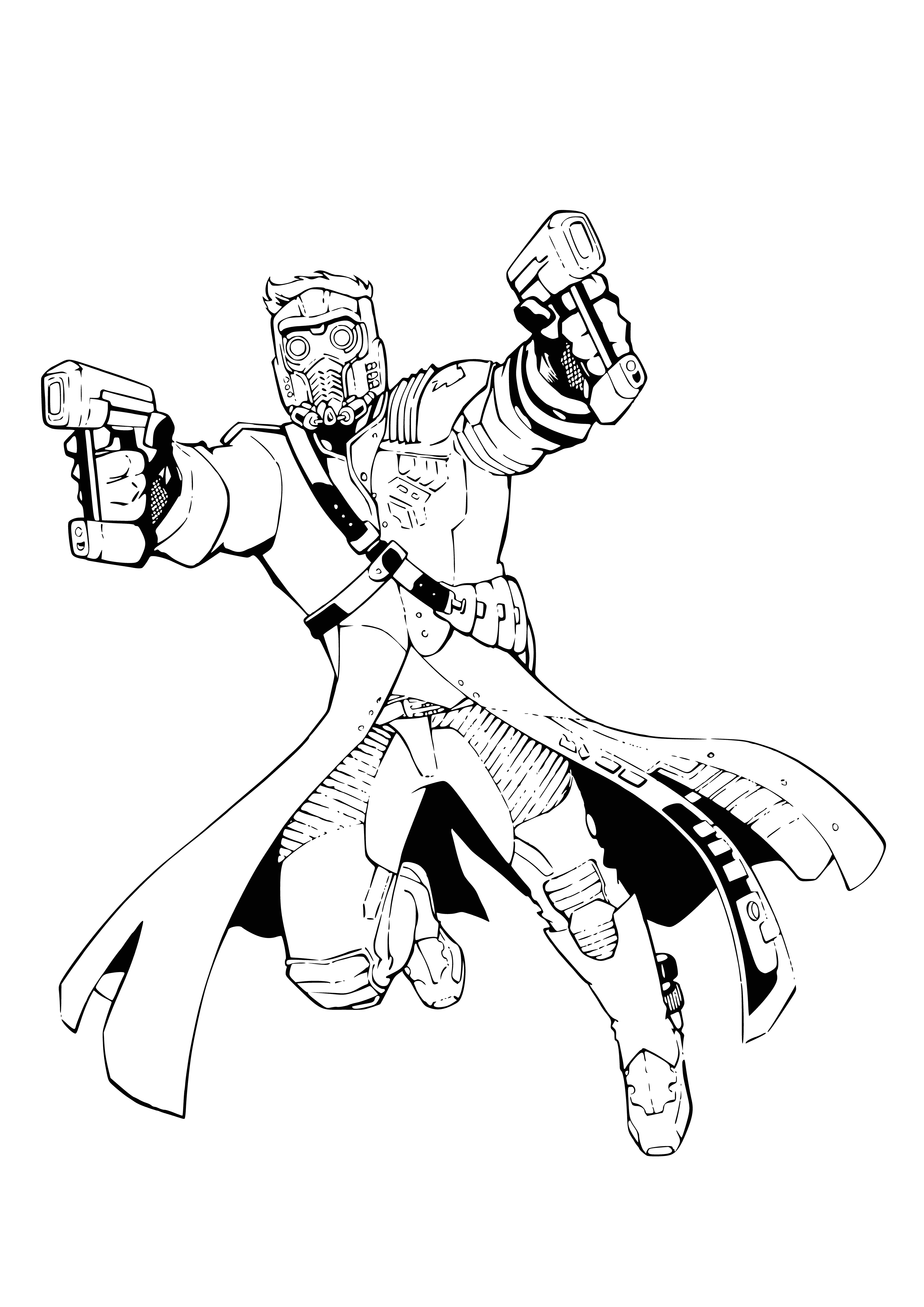 coloring page: Man floats in space w/meteor behind him, wearing dark & red suit & long red cape, holding a black blaster & red mask conceals eyes.