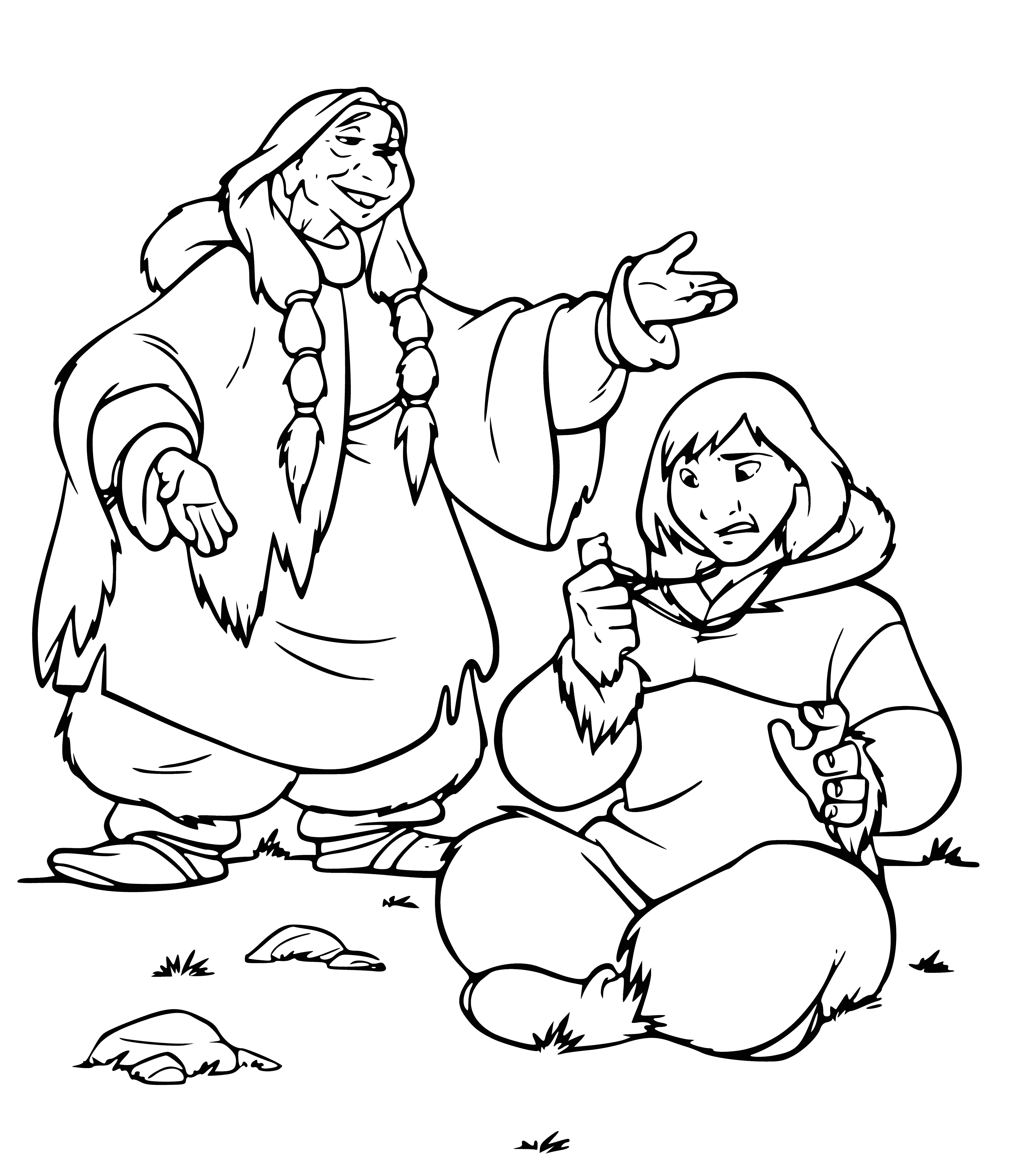 coloring page: A powerful grizzly bear surrounded by smaller animals, bearing a shaman's amulet. Respectful, awestruck expressions abound.