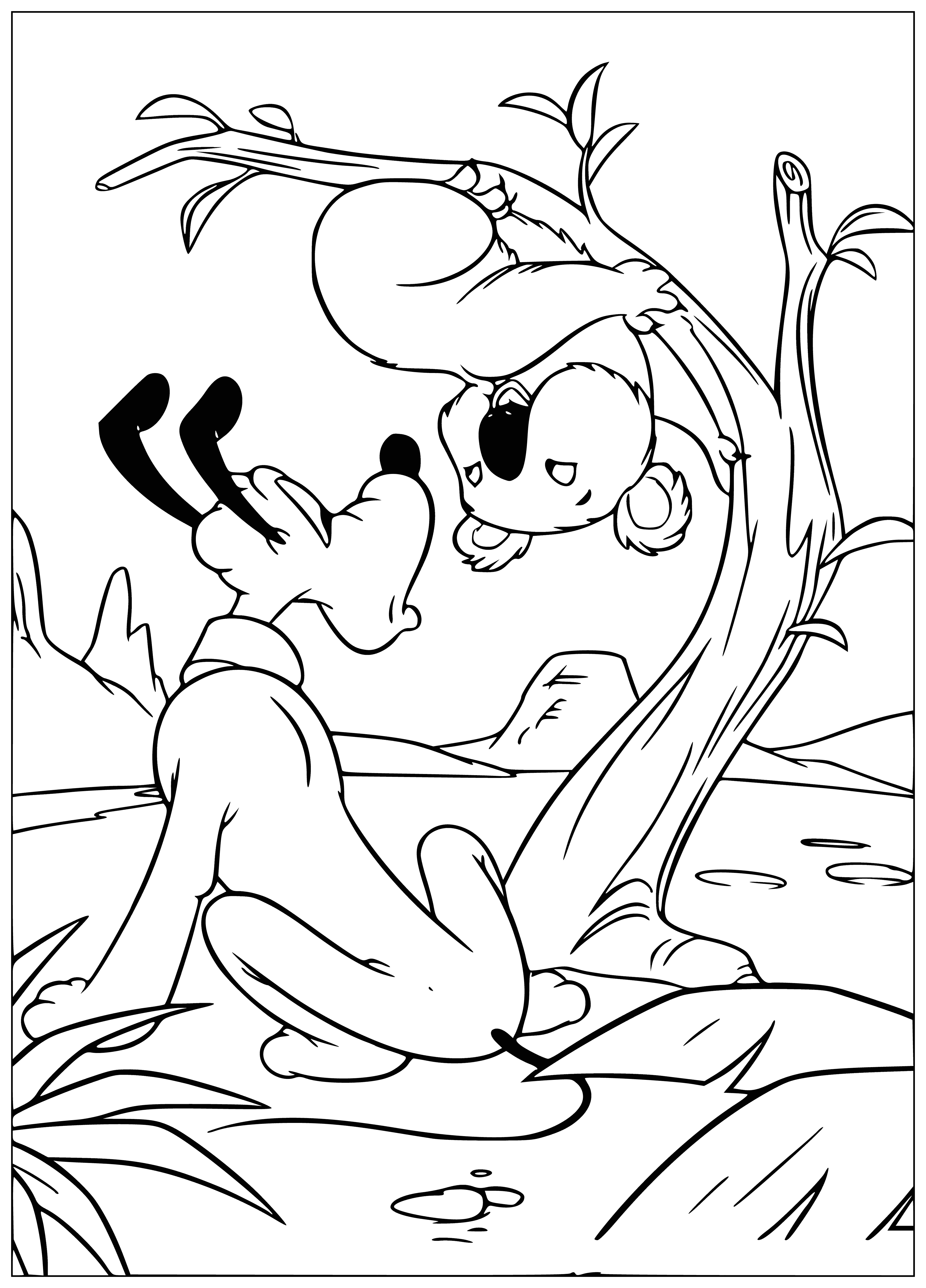 coloring page: Four friends—Mickey, Donald, Goofy, and Pluto—hugging a koala. All looking happy! #friendship