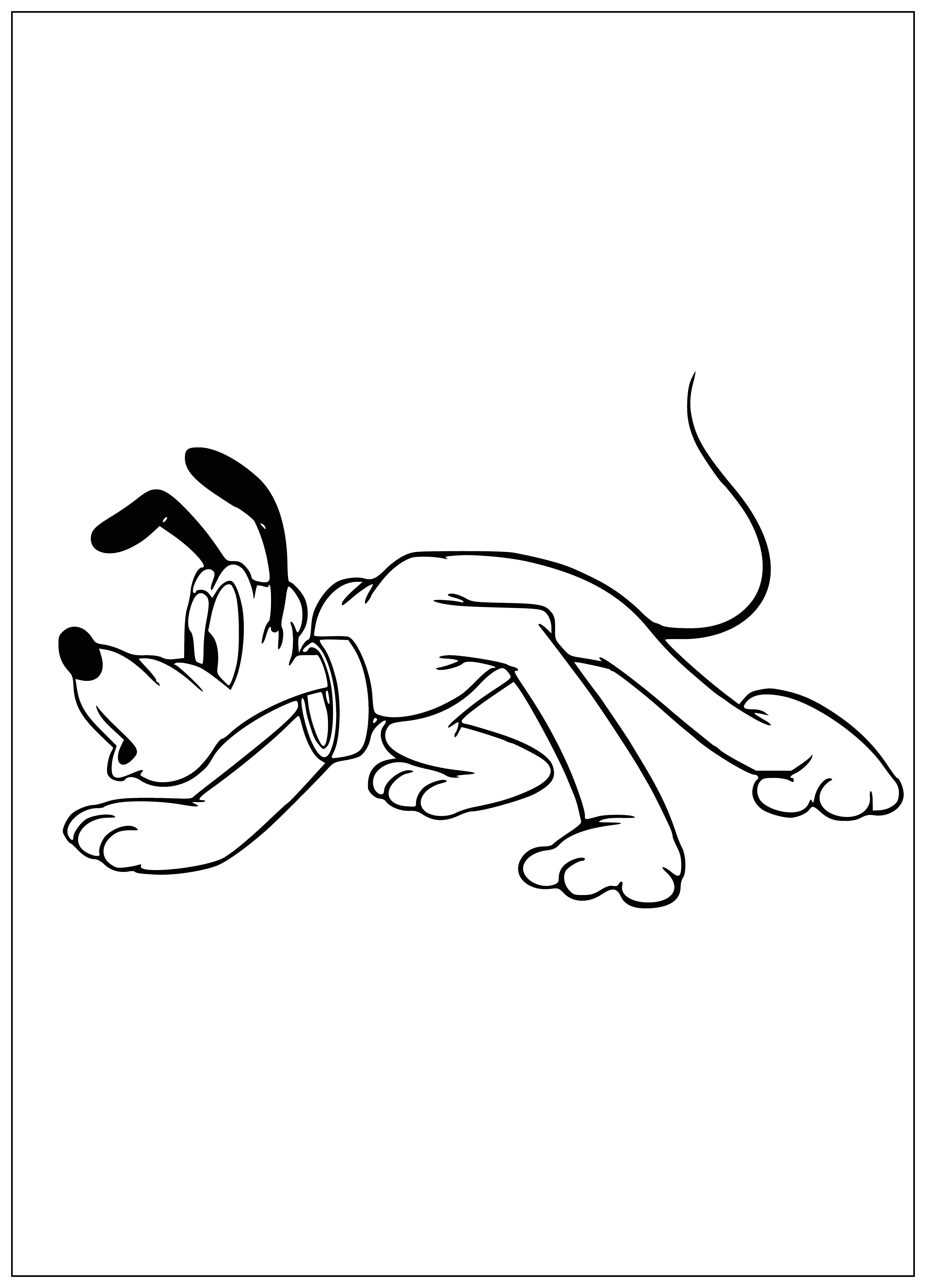 coloring page: Mickey and Pluto stand together, Mickey wearing gloves, red pants and a yellow shirt, Pluto a yellow dog with black spots wearing a red collar.