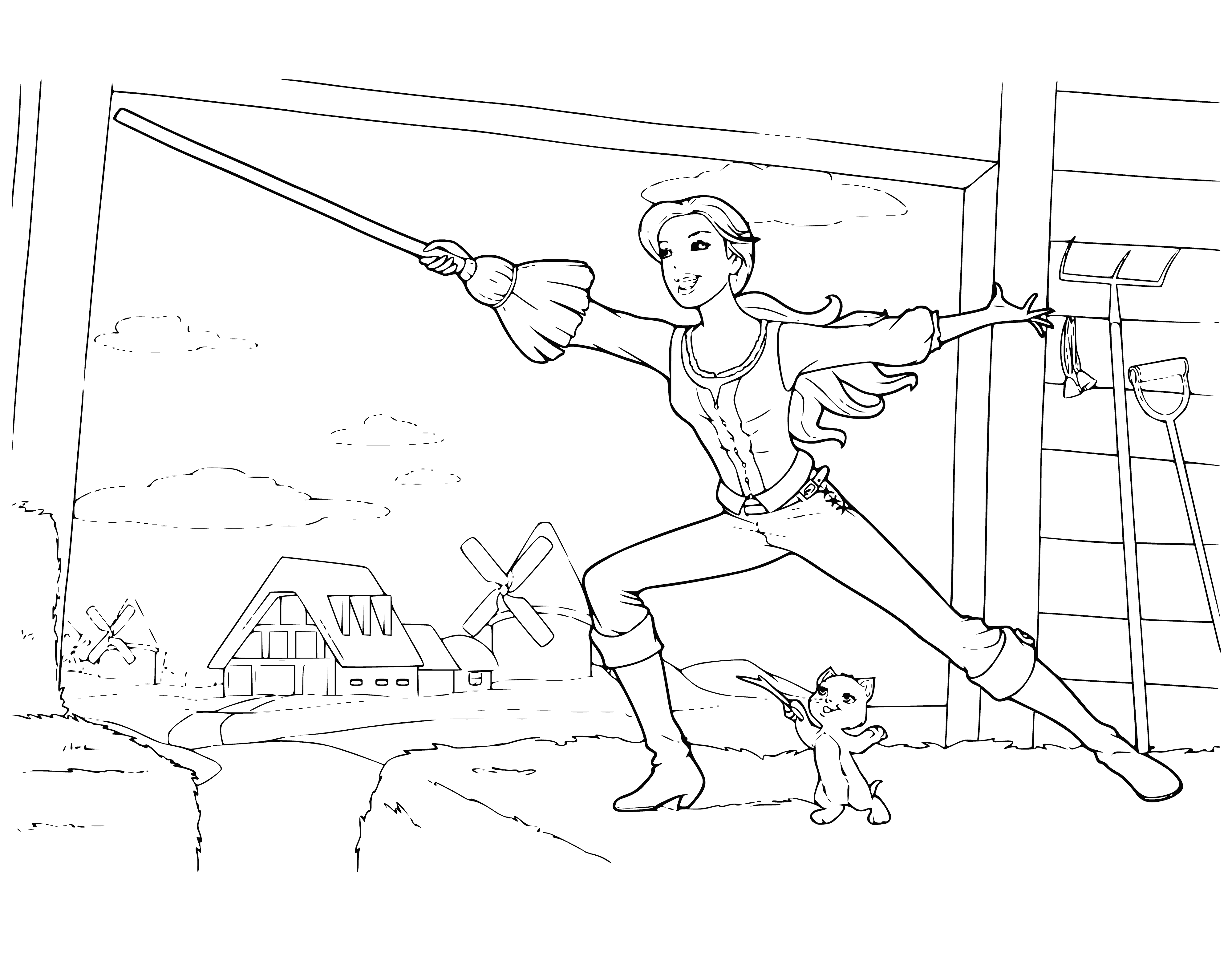 coloring page: Barbie fencing in blue dress, white shirt and gold belt. Hair tied with blue ribbon.