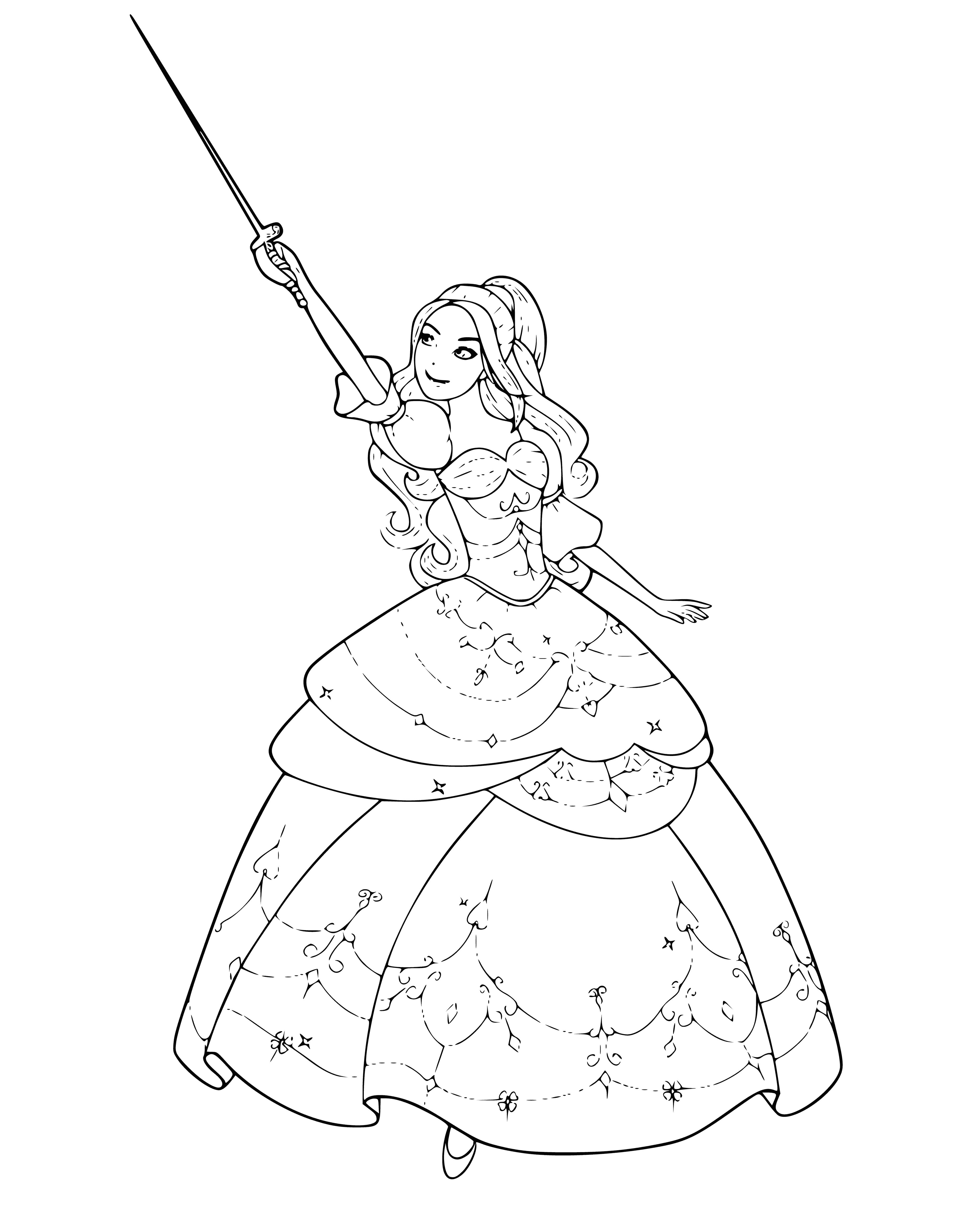 coloring page: Barbie is rocking a musketeer outfit with a sword, black hat, gold accents, and a ponytail.