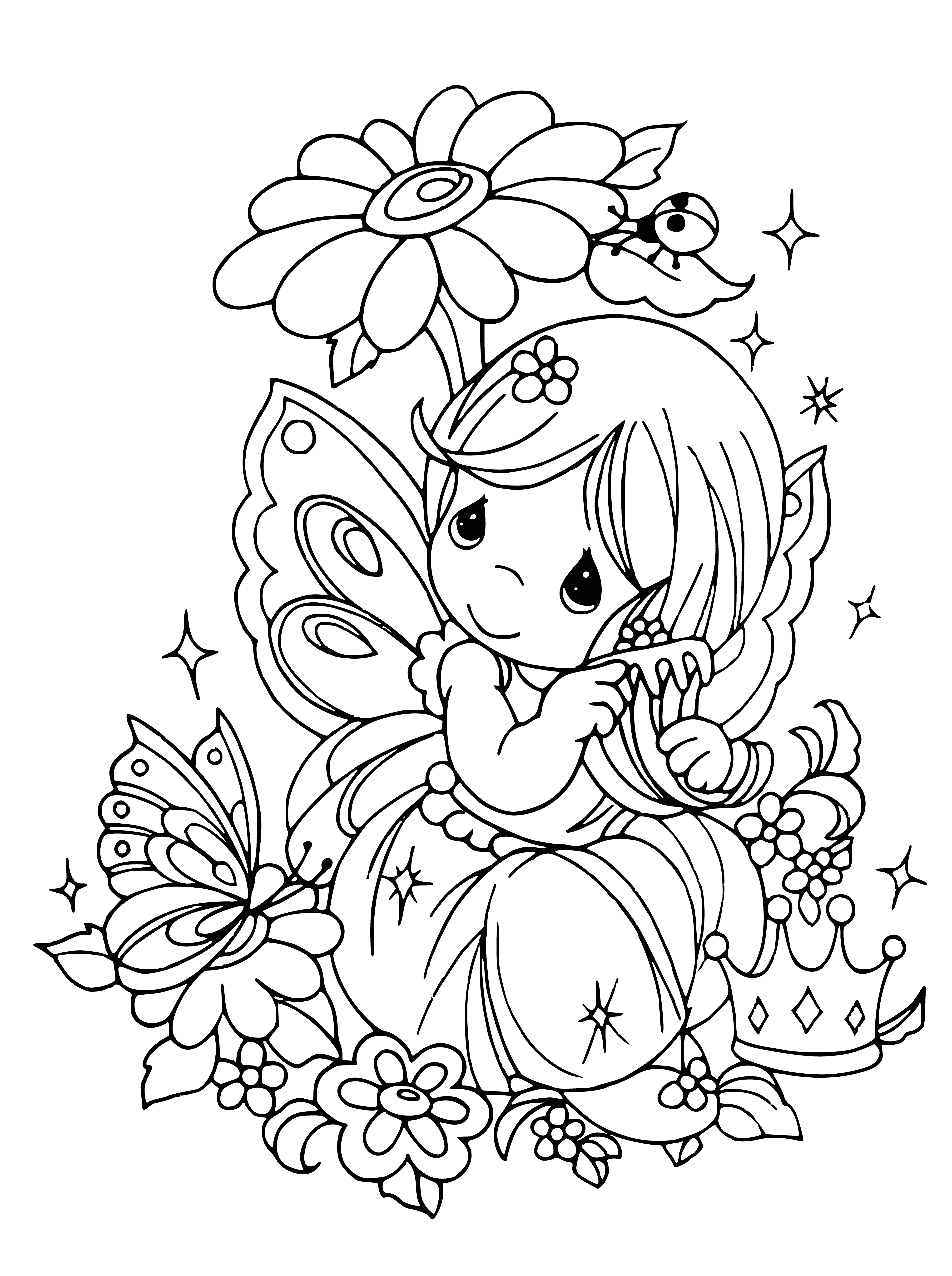 coloring page: Elves & fairies on a coloring page: small creatures with wings wearing green/pink & purple.