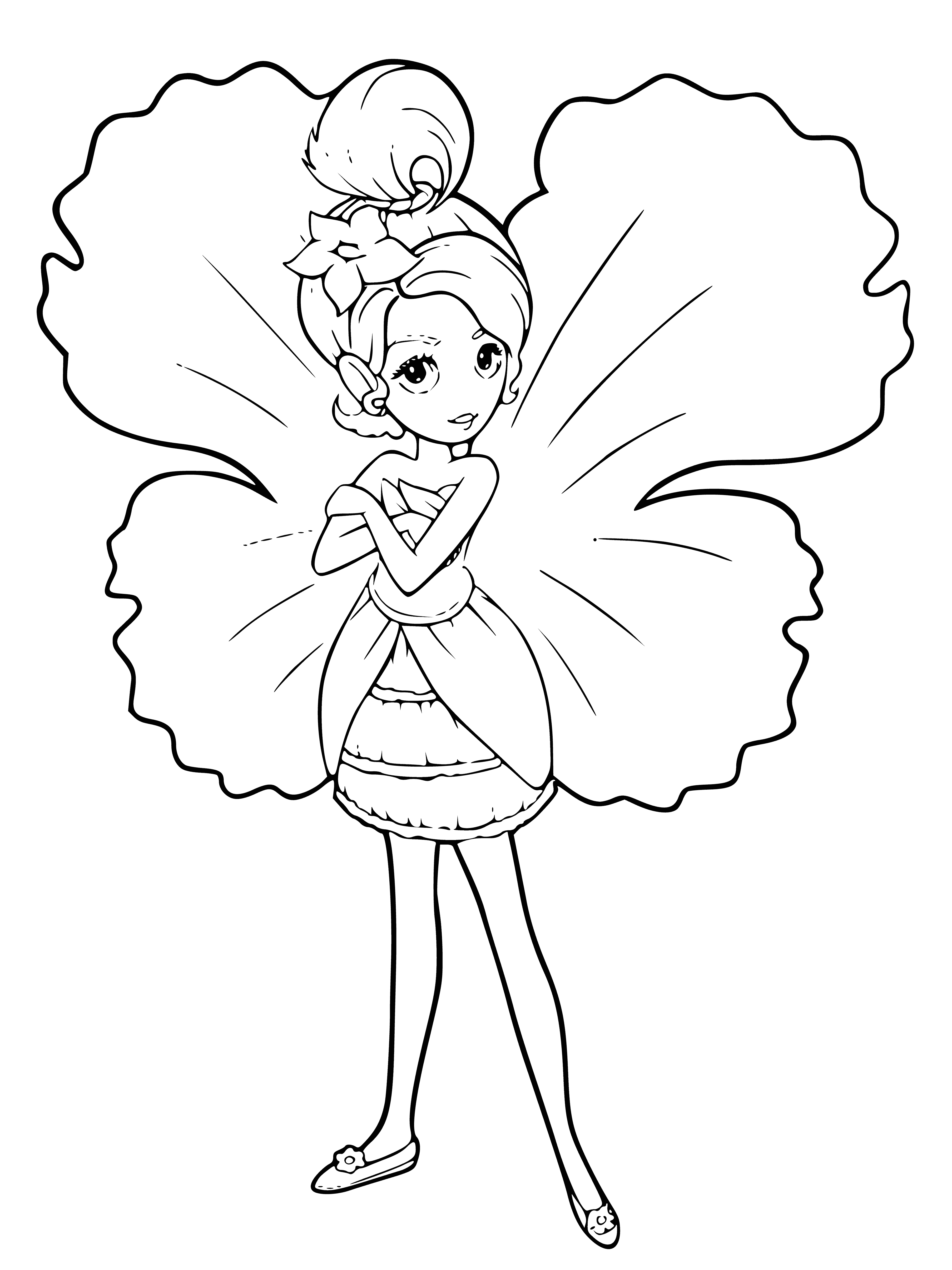 coloring page: Two elves & a fairy holding hands in green clothes, pointy shoes & ears. Fairy has wings & is wearing a dress. #FairyTale