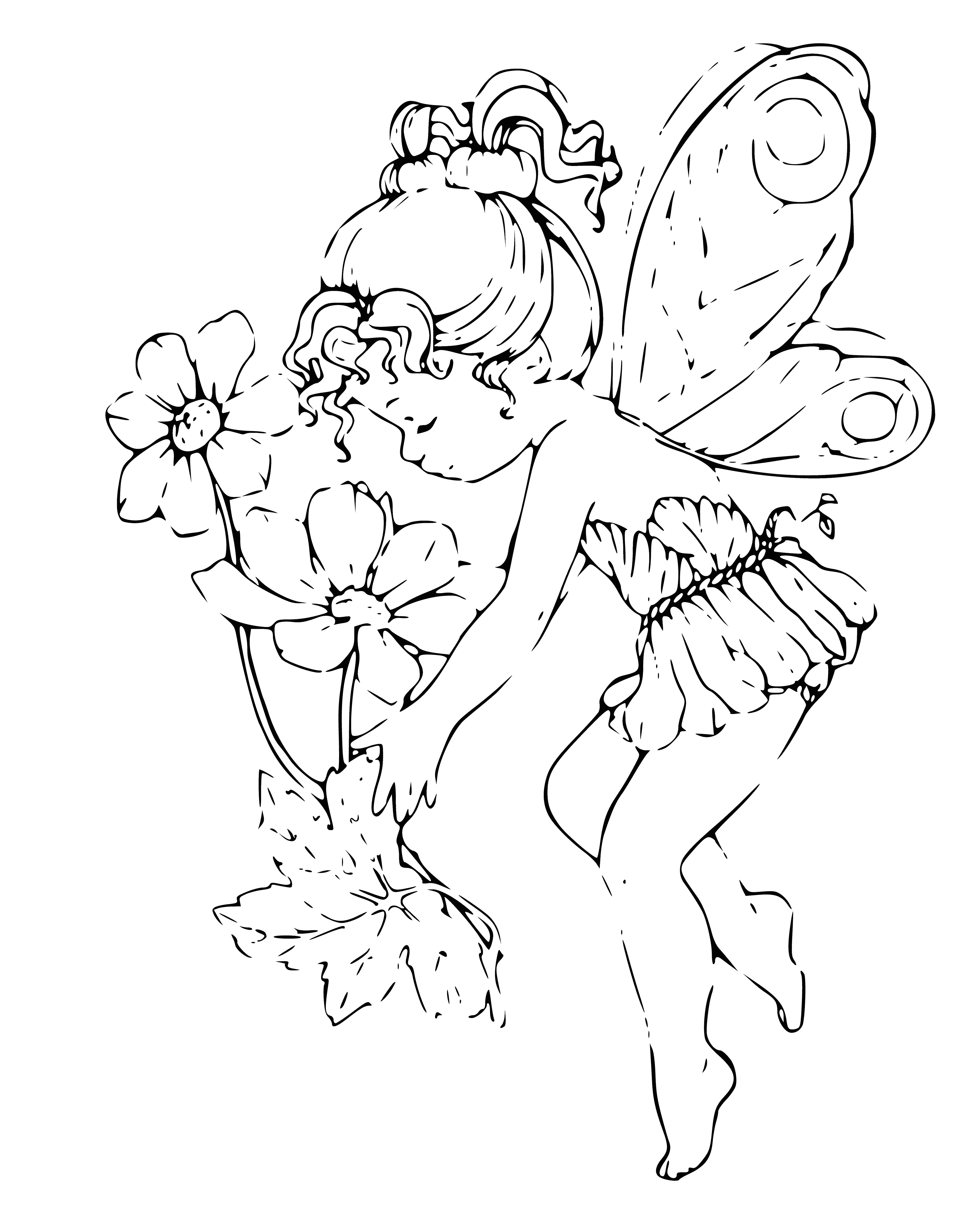 coloring page: A fairy sits on a toadstool, looking at a human child in wonder. It has shimmering blue wings and wears a green dress with yellow trim. Both it's hands clasped, and its hair in two braids.