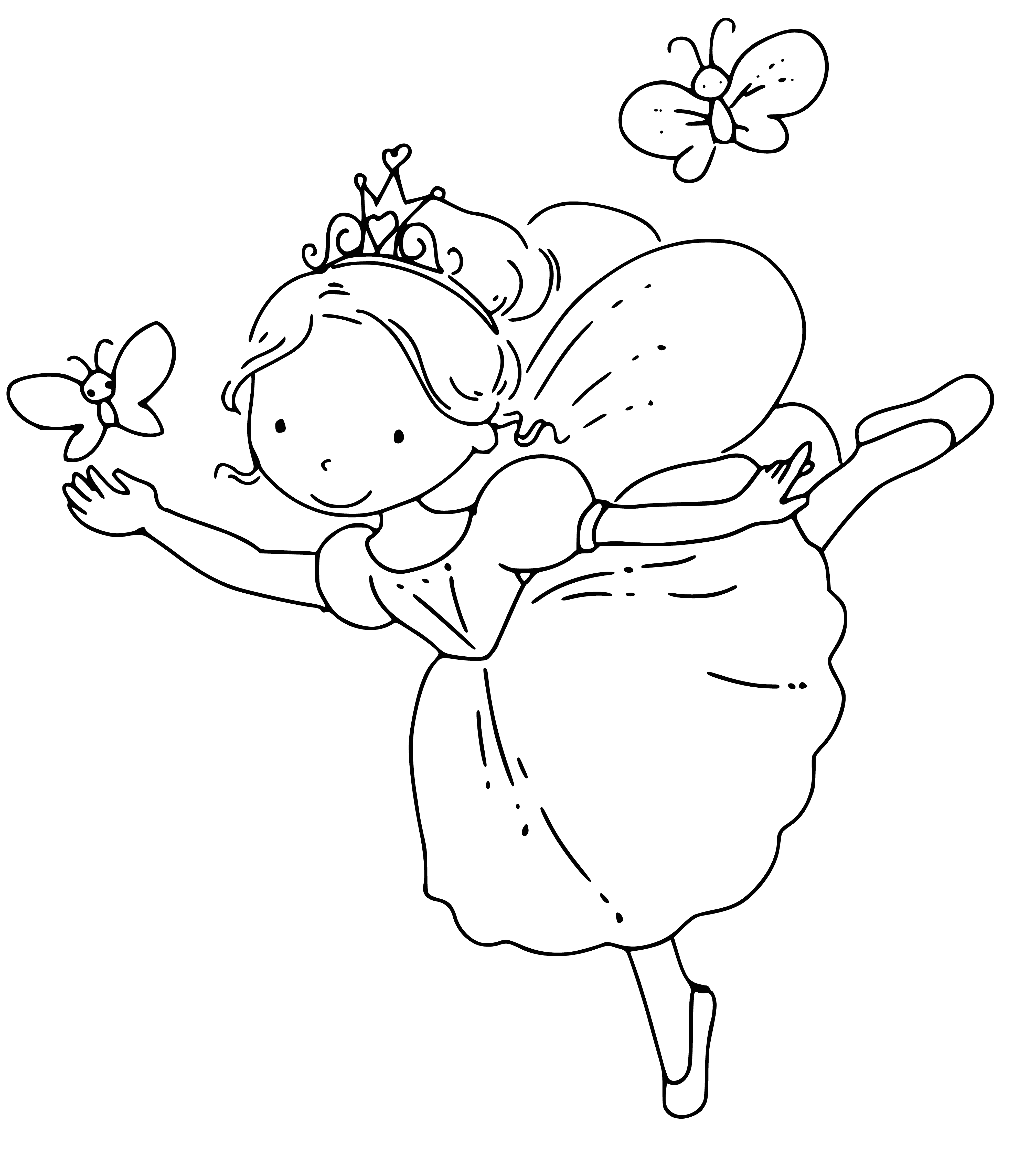 coloring page: Elves & fairies circle dance in green, w/wings & pointy hats. Fairy at top of circle flies as they joyfully move in clockwise direction.