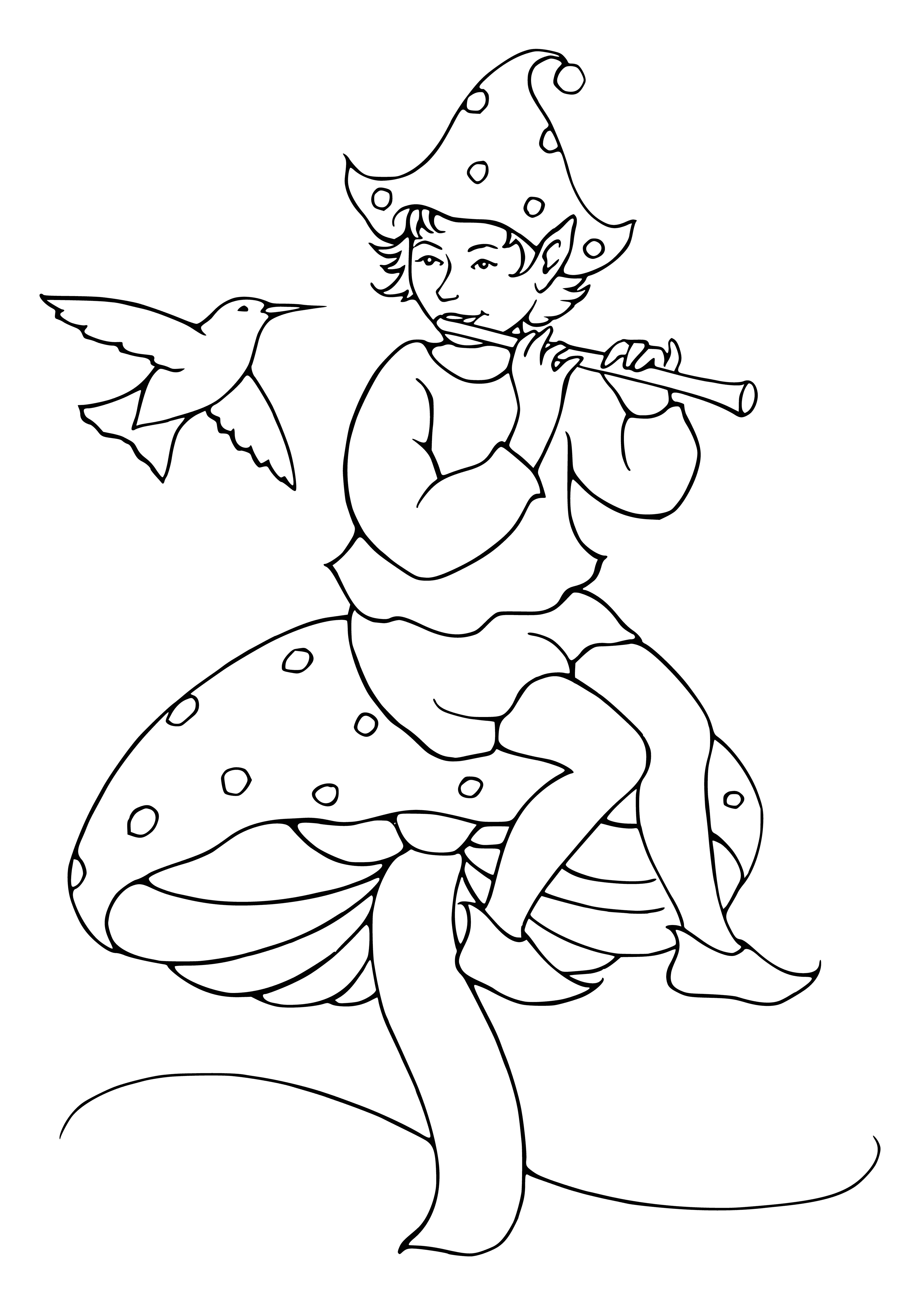 coloring page: A small, ethereal creature with pointy ears plays a pipe while wearing a long, flowing robe. Delicate features complete its otherworldly appearance.