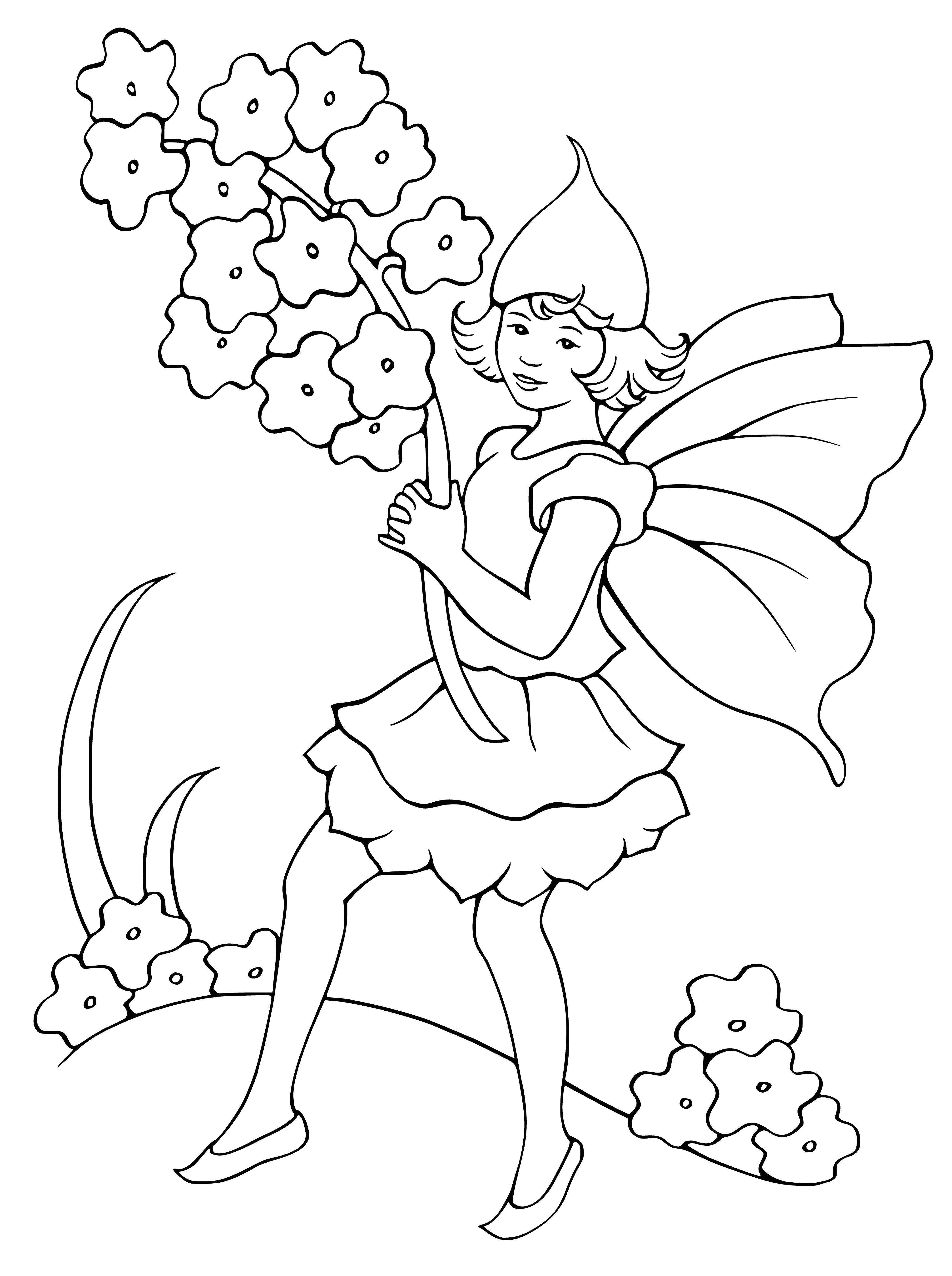 coloring page: Elf girl dress, wand in hand, standing in front of a rainbow. #fantasy