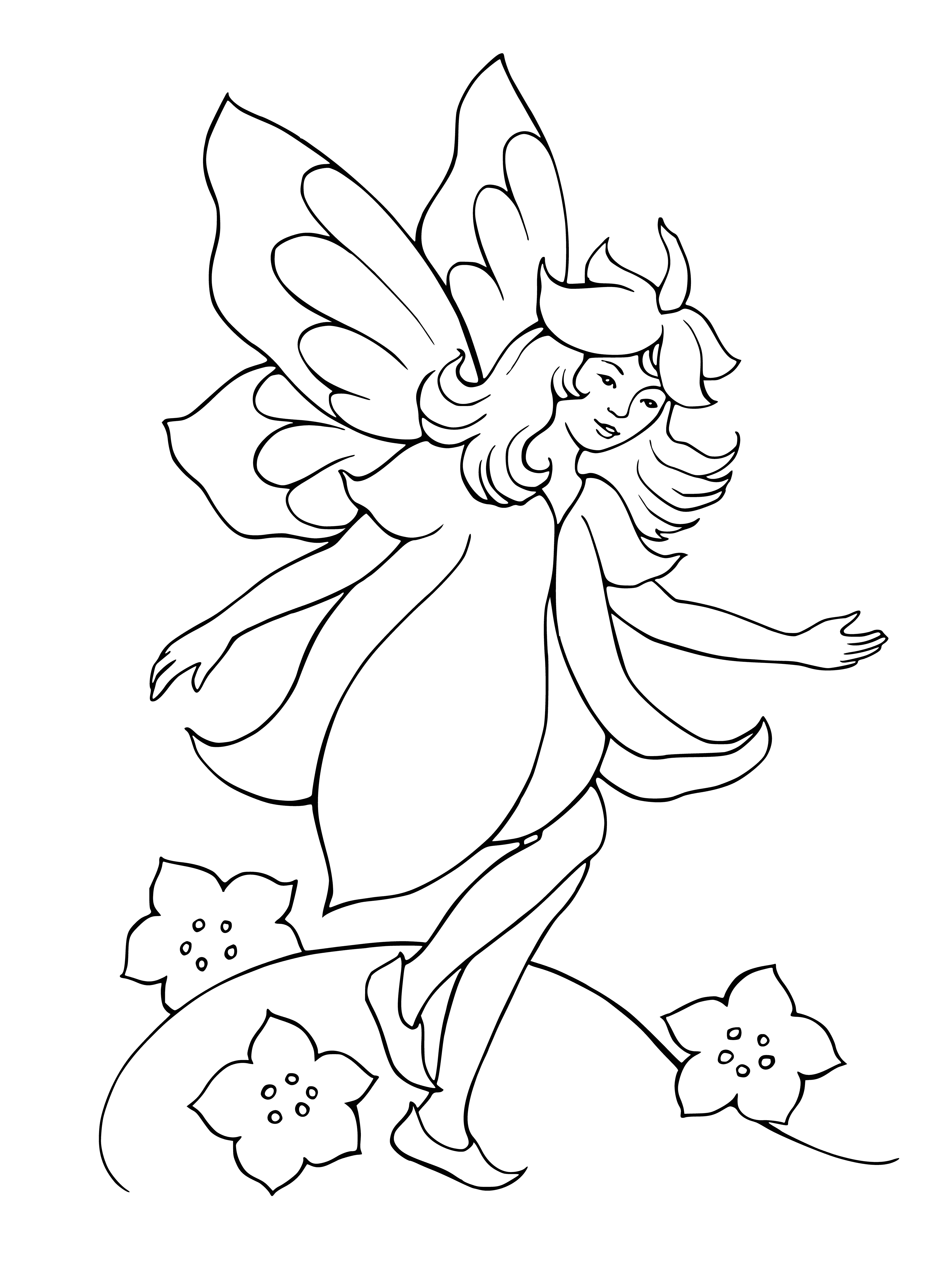 coloring page: Fairy in petal dress stands in tall grass, sun behind casting long shadow, wings of gossamer, hair of spun gold, and holds a flower.