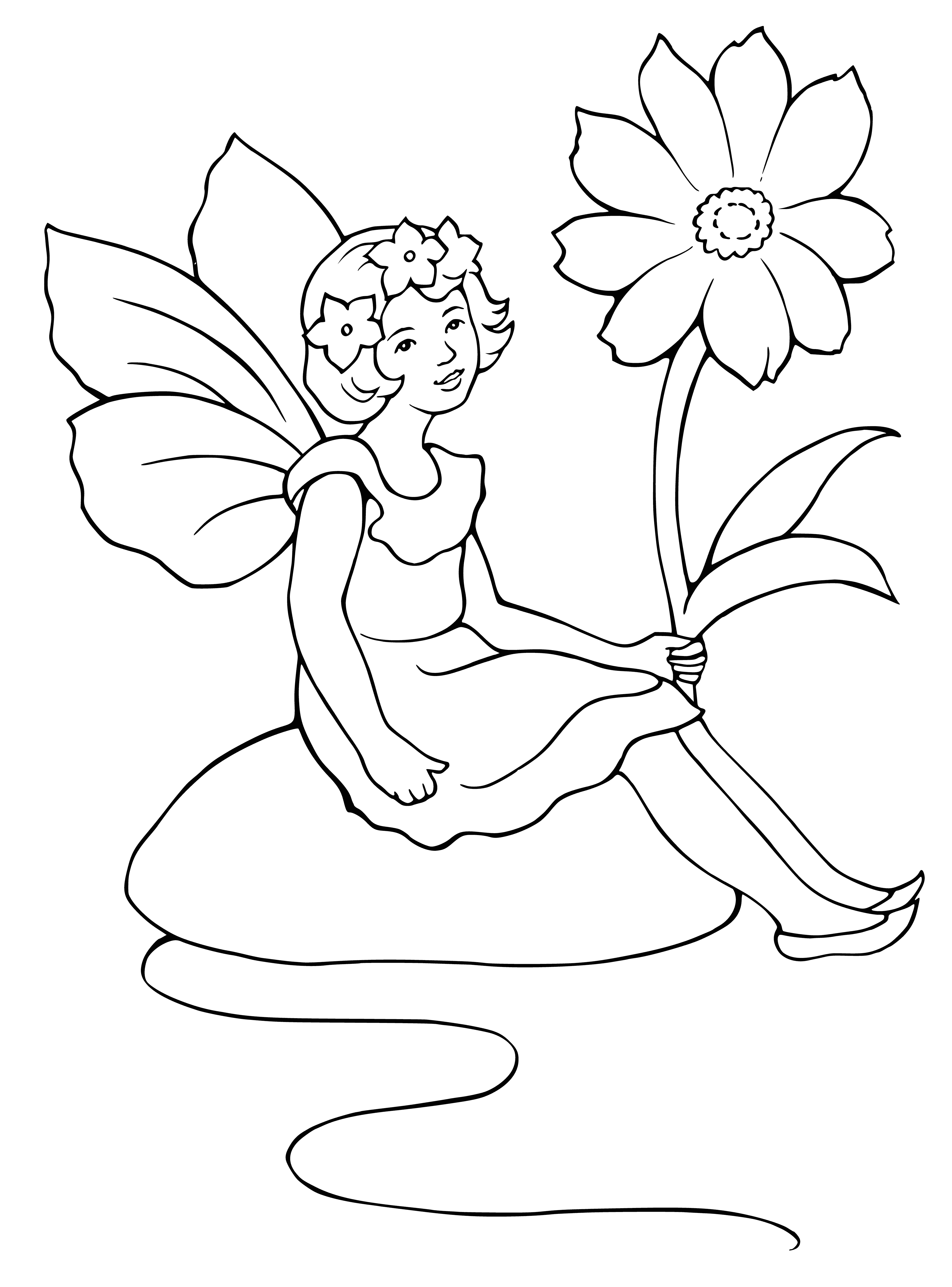 coloring page: Fairy with delicate wings sits among wildflowers in a field, near a wood with tall trees reaching up to the sky.