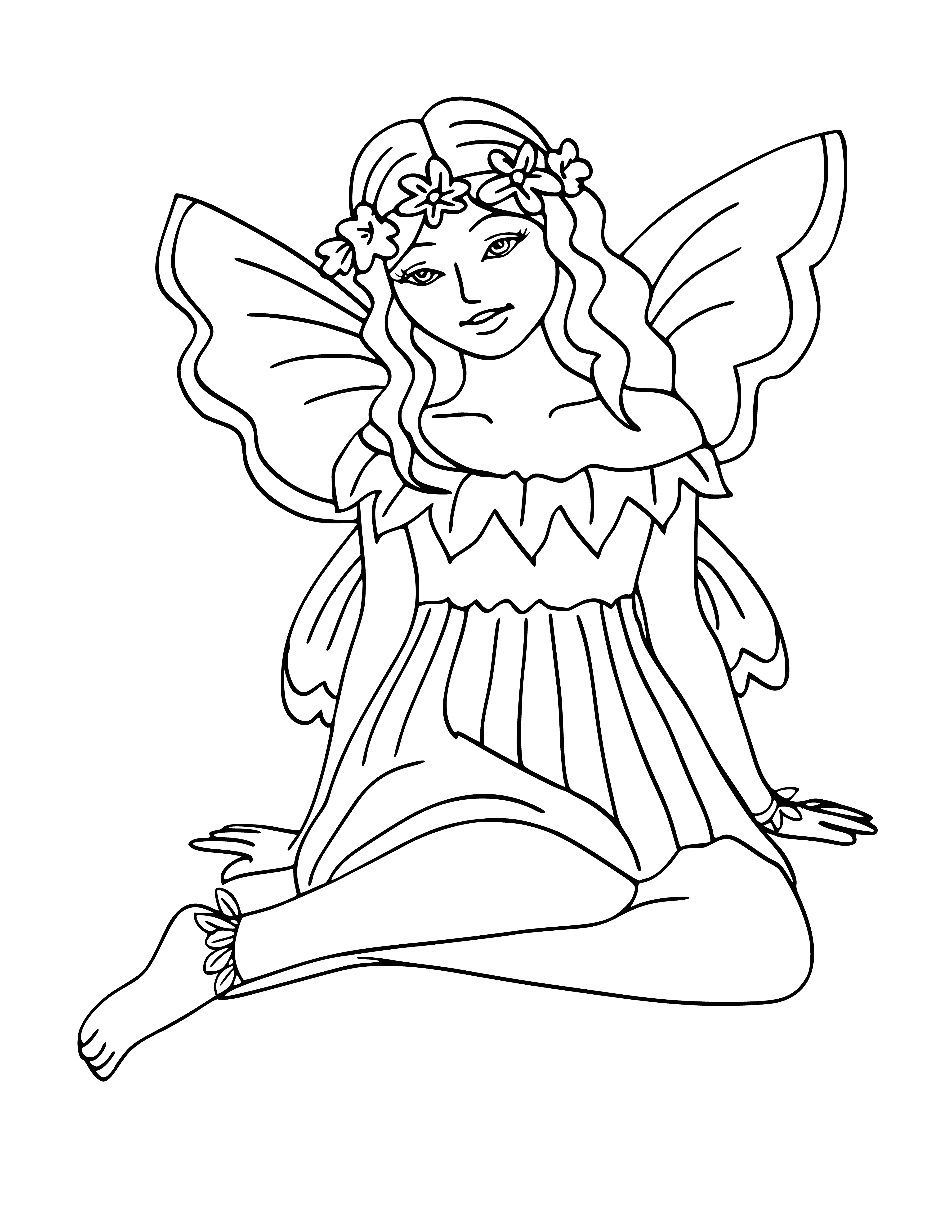 coloring page: Fairy sits in flower wreath, wings out & dressed in colorful dress.
