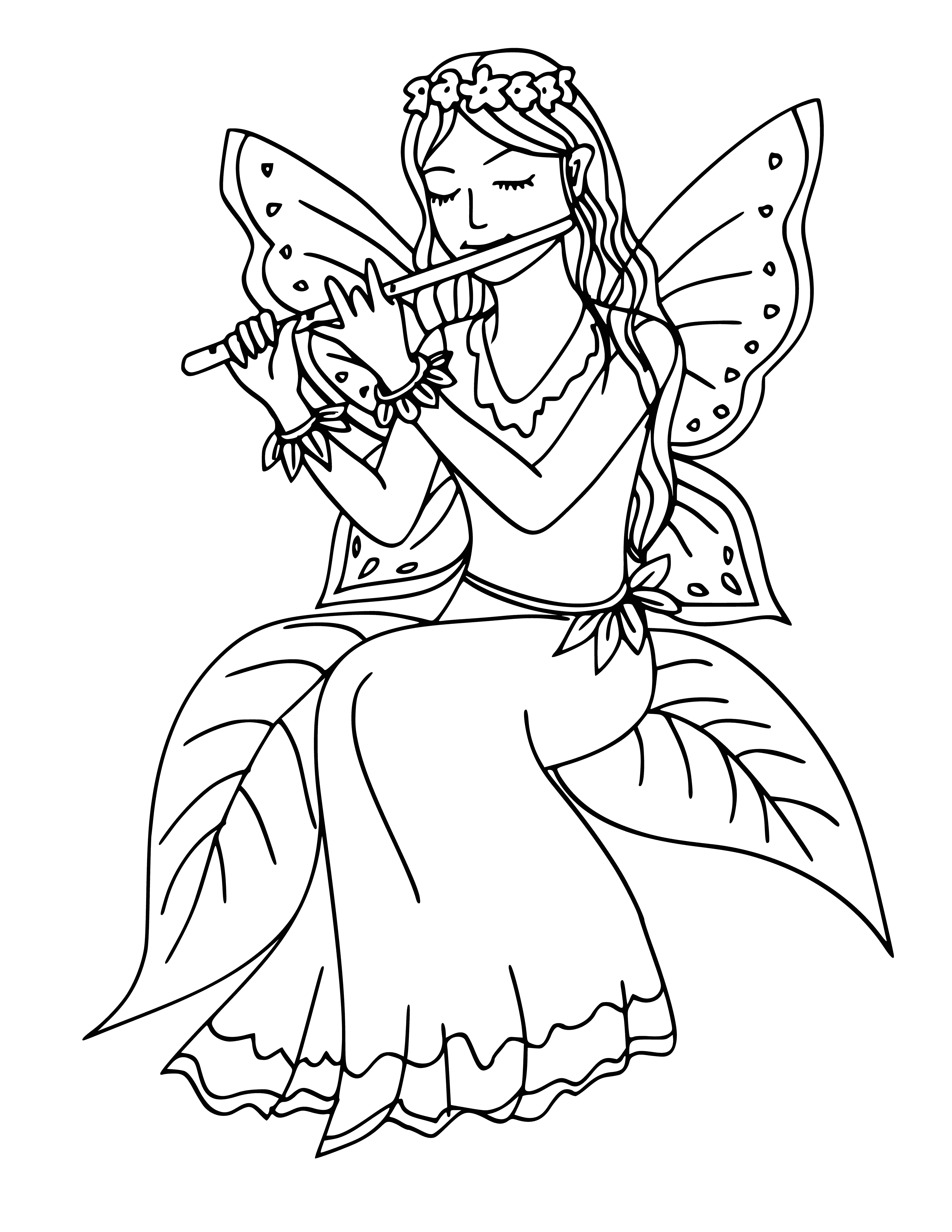 coloring page: A delicate fairy with golden-yellow hair plays a pipe, head tilted back in concentration. Pale skin and large wings complete the look.