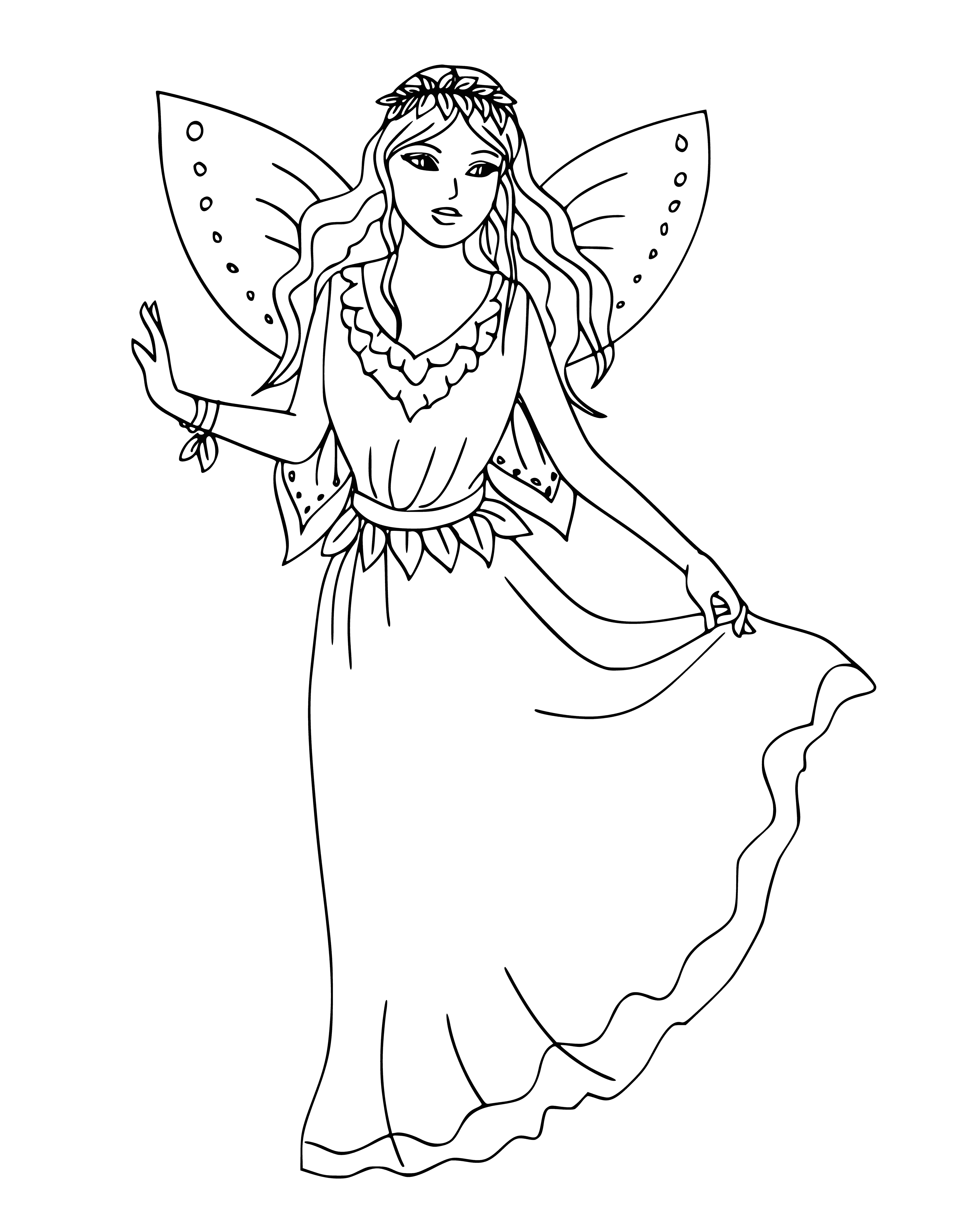 coloring page: Elves and fairies play together in the forest, elf with a brown hat and fairy with a green dress, both happy and enjoying each other's company.