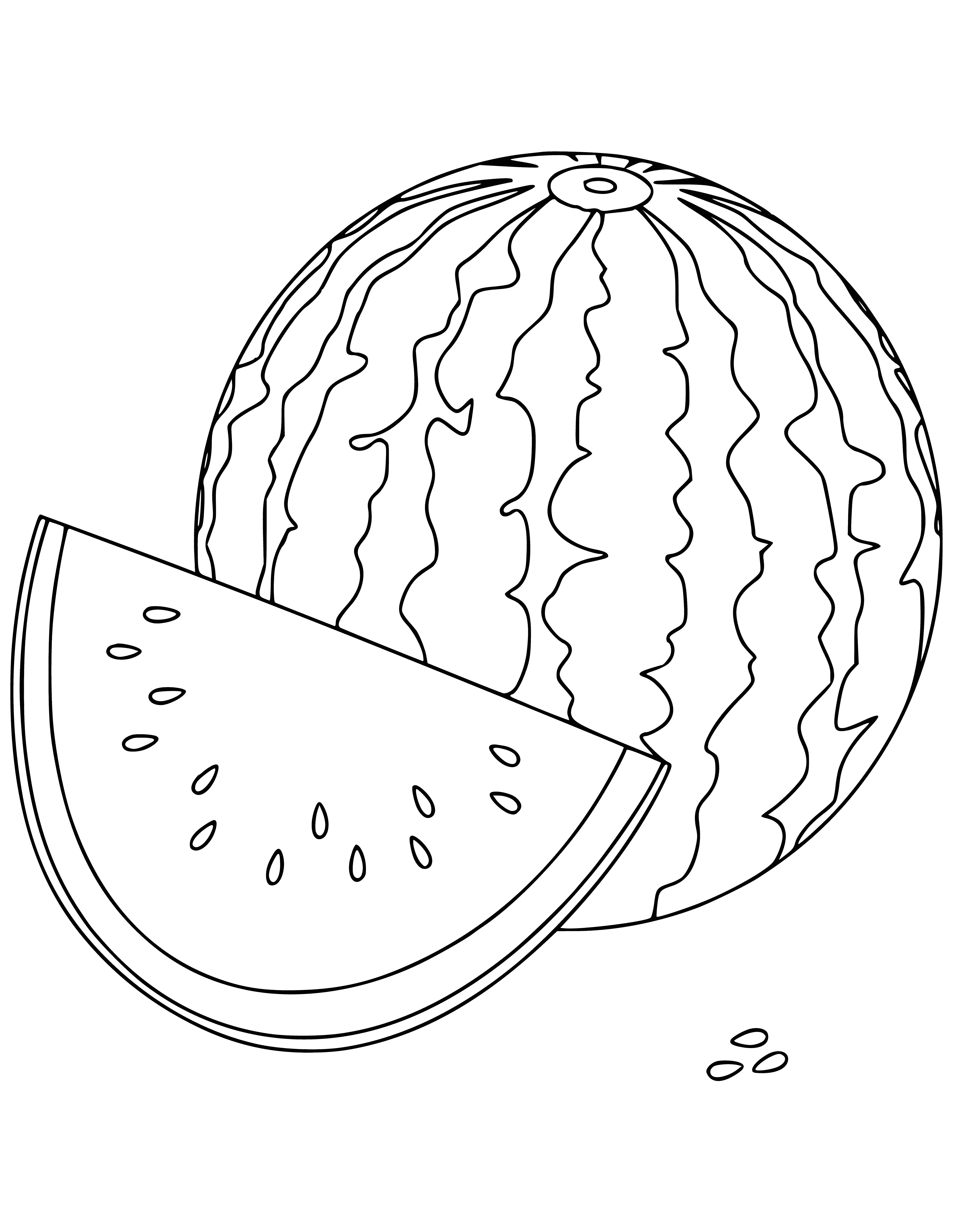 coloring page: A watermelon sliced in half with red insides & green rind showing its seeds.