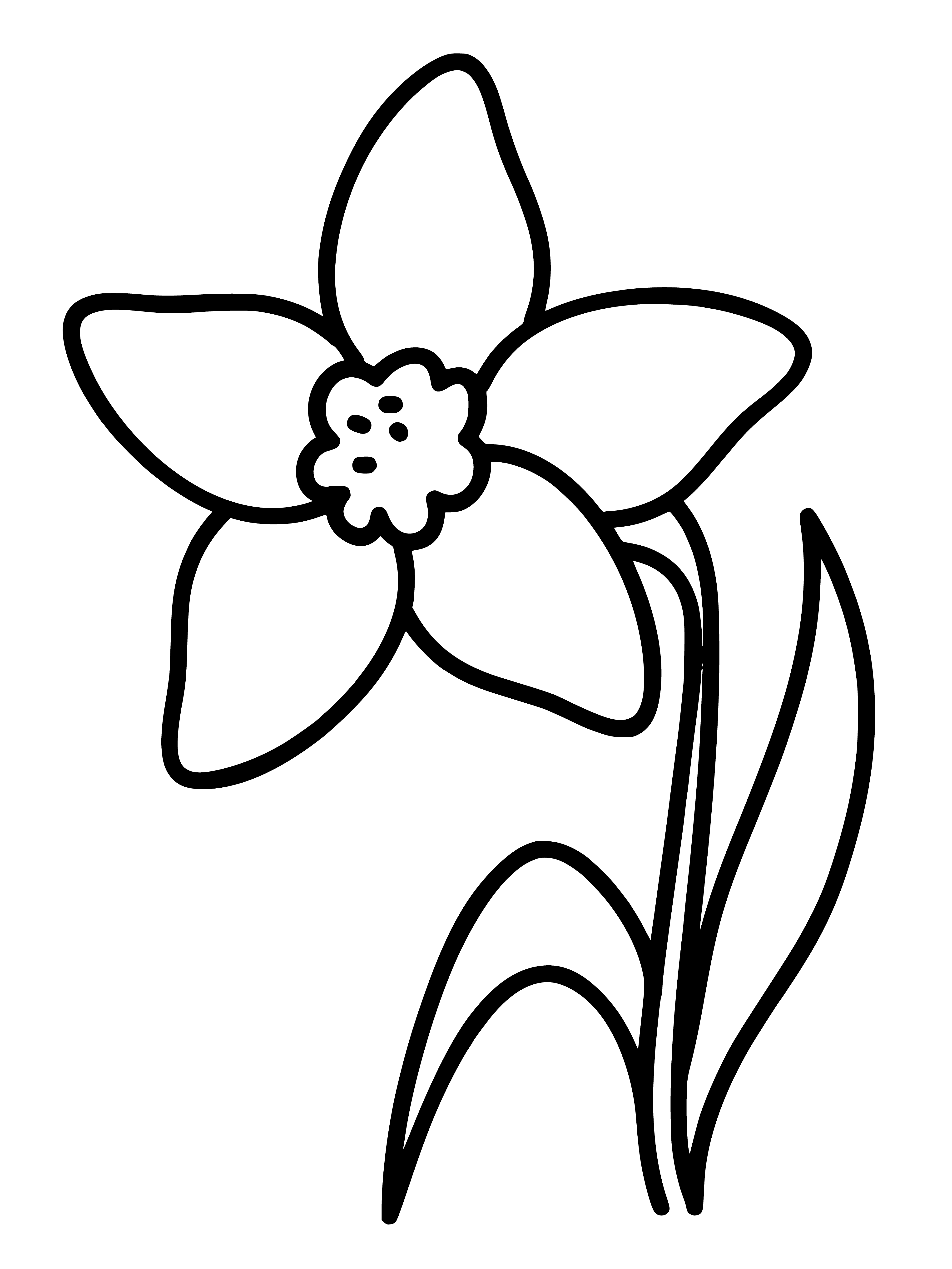 coloring page: A narcissus flower with yellow stem, white petals and yellow center, surrounded by smaller petals, adorns a coloring page.