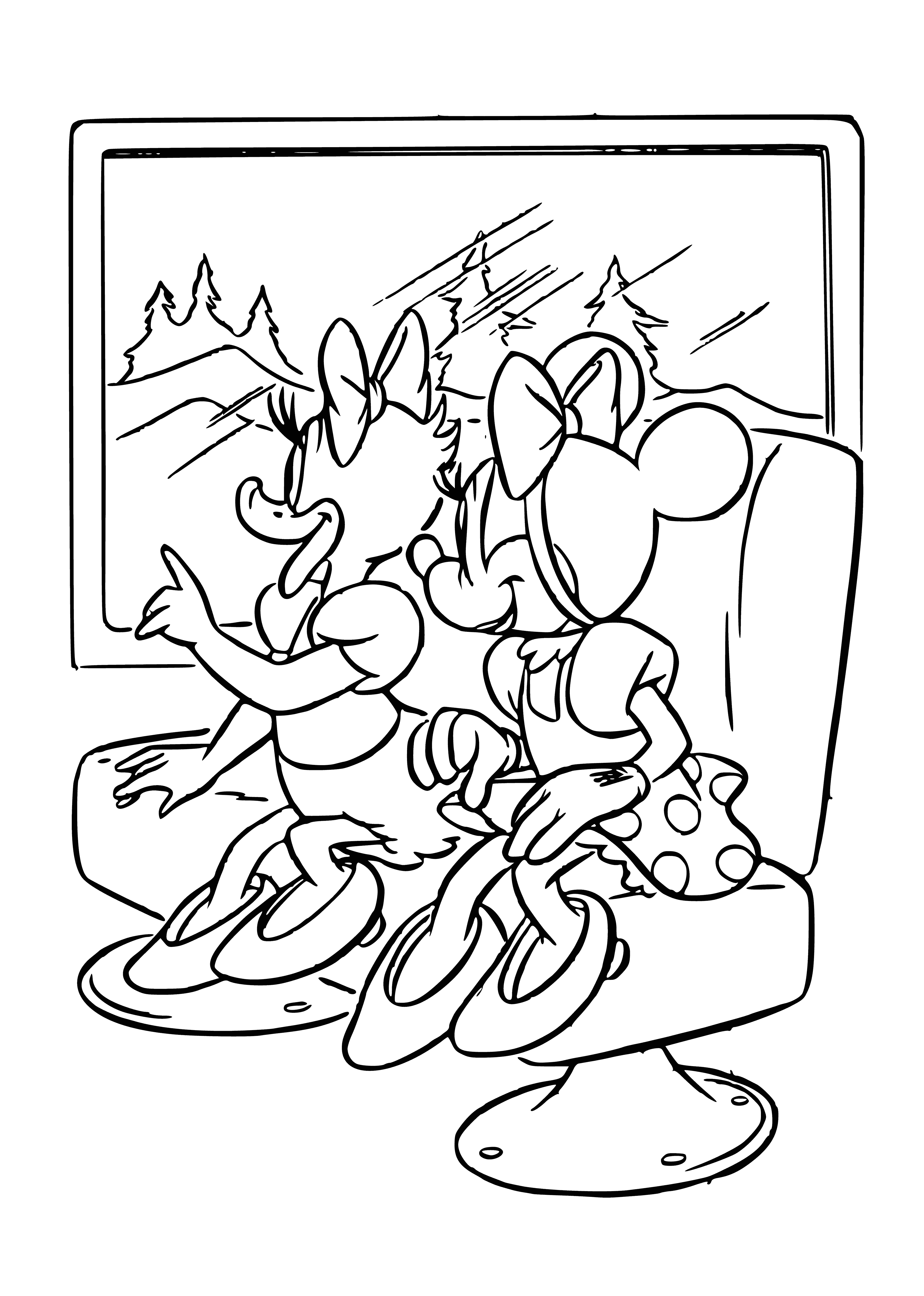 coloring page: Mickey Mouse holds hands with Daisy and Minnie, smiling in front of a large blue building with a red roof. #Disney #coloringpage