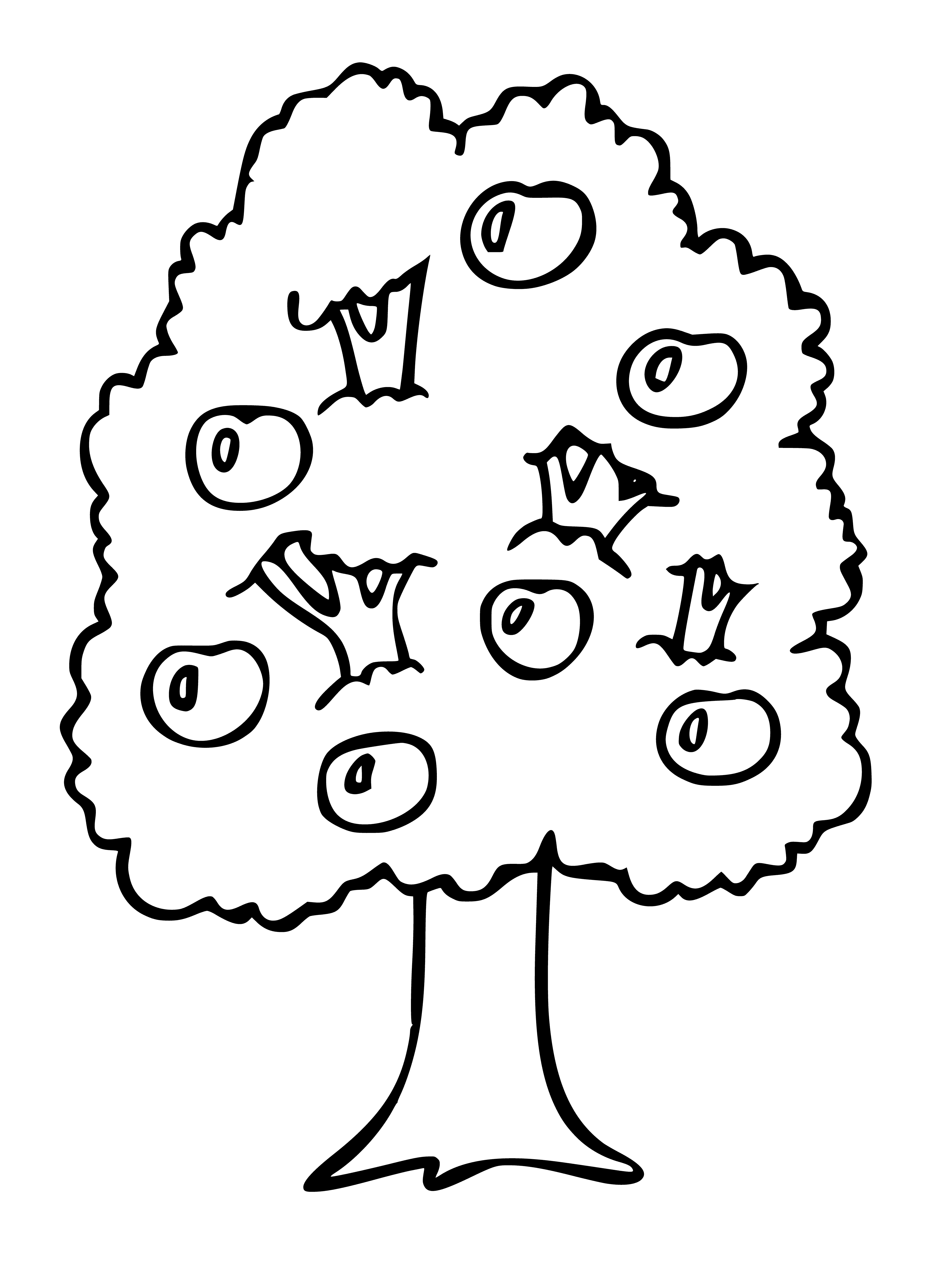 coloring page: Big apple tree w/green leaves & red apples in a field of green grass.