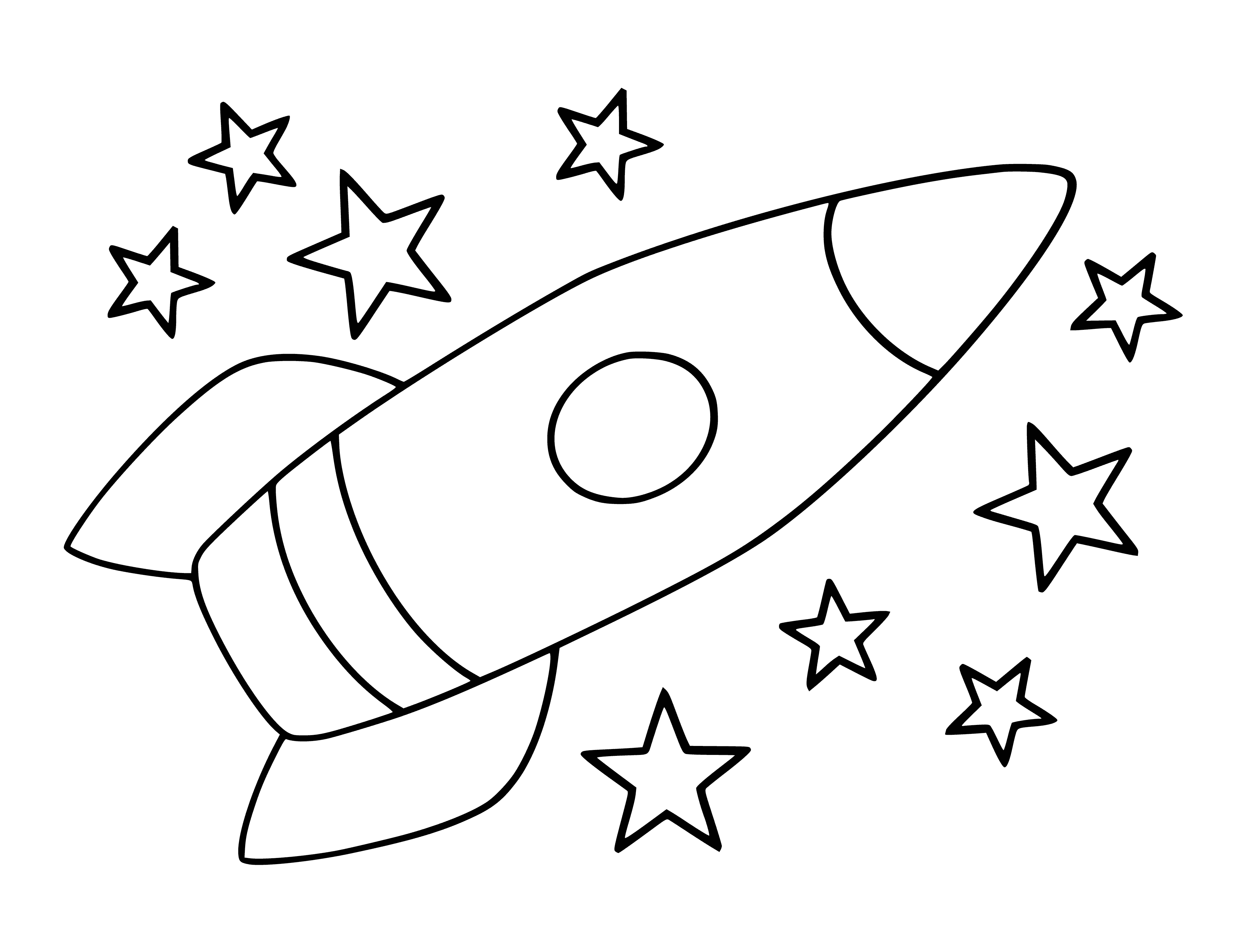 coloring page: Rocket ship ready for take-off, mostly blue with stripes & yellow circle; 3 big windows & one small one; stars & planets in background.