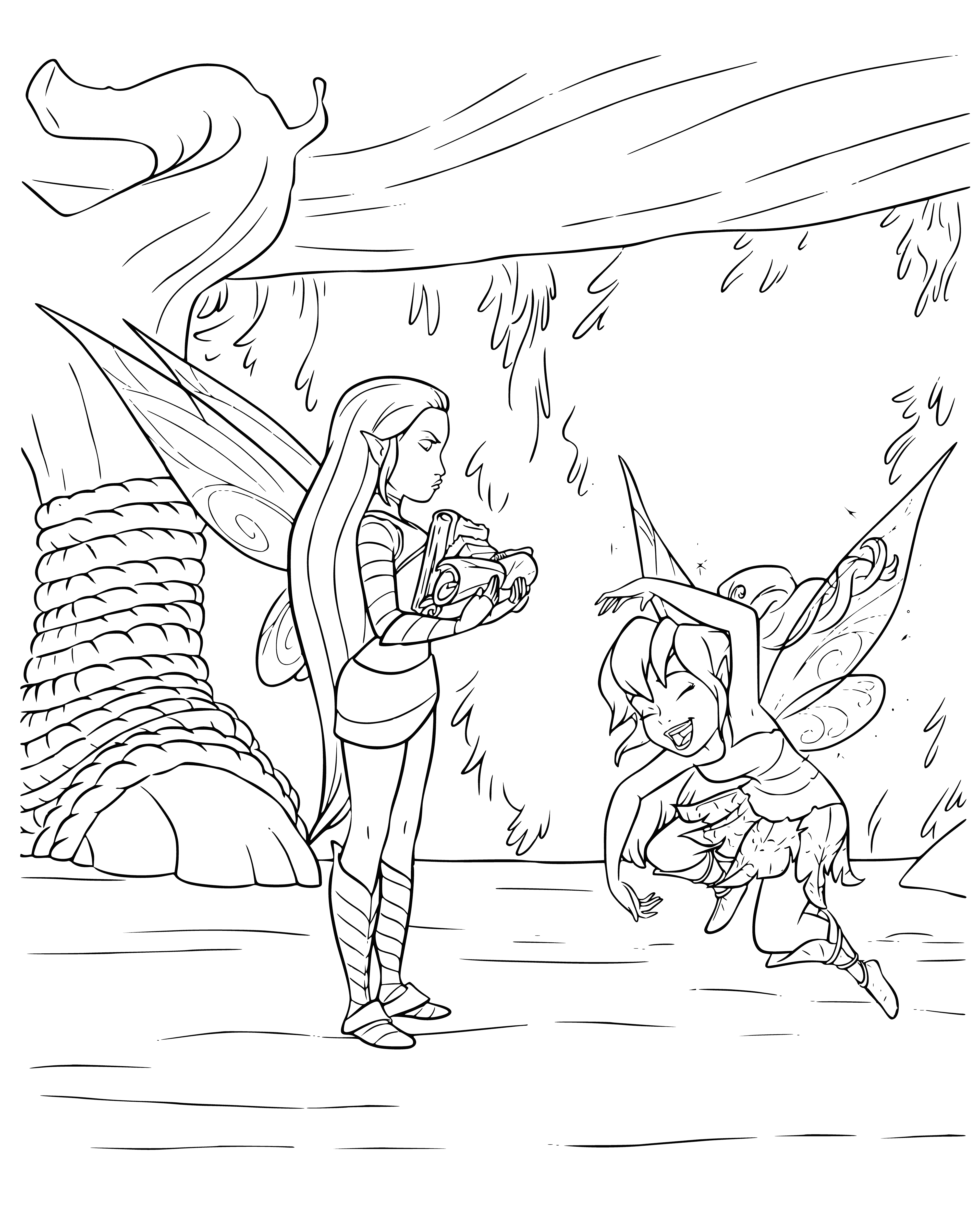 coloring page: Nyx, half-beast/half-human with sword/shield, wings and fur, standing in forest with full moon.