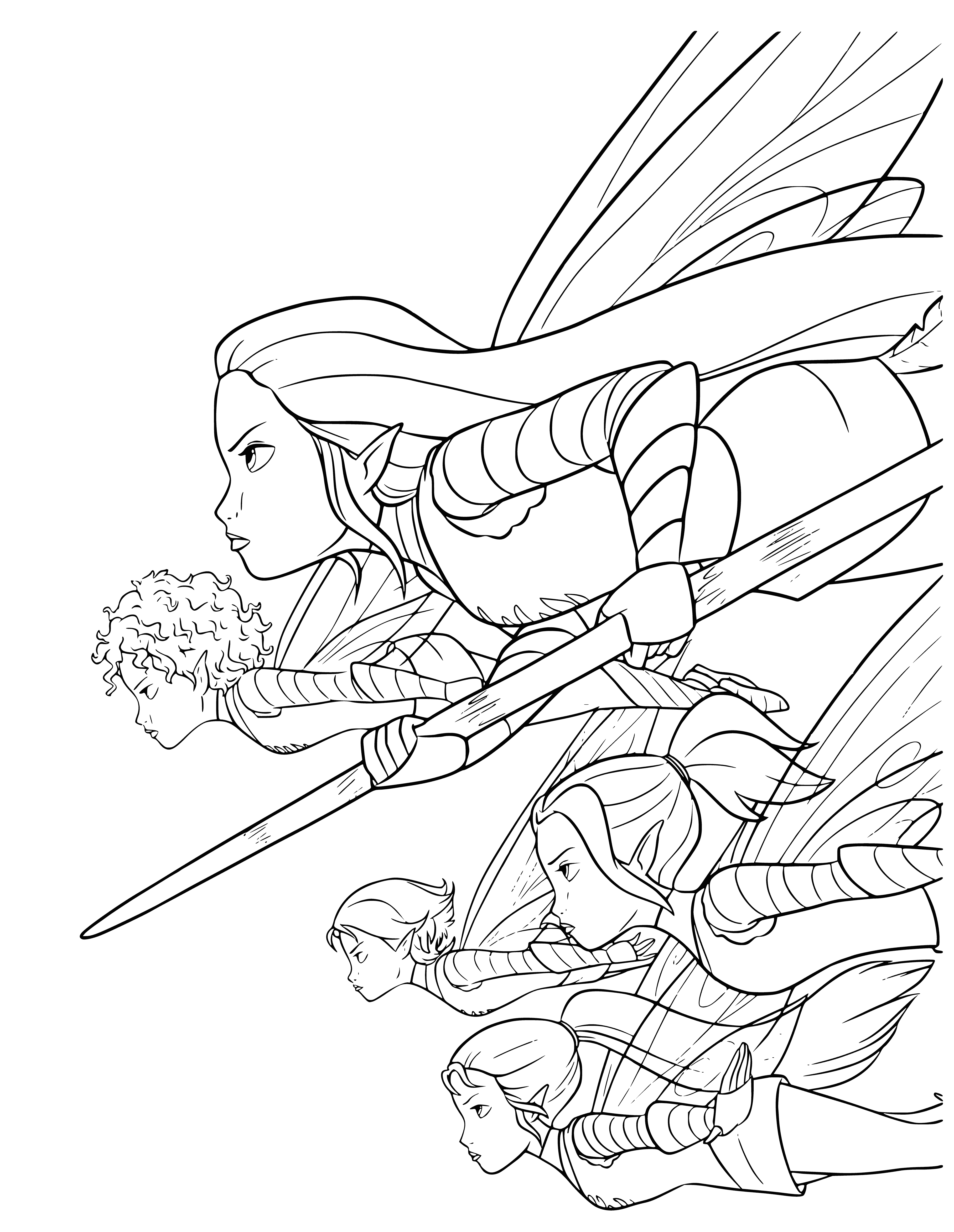 coloring page: Fairies are chasing a Beast through a forest in a battle of will and wit.