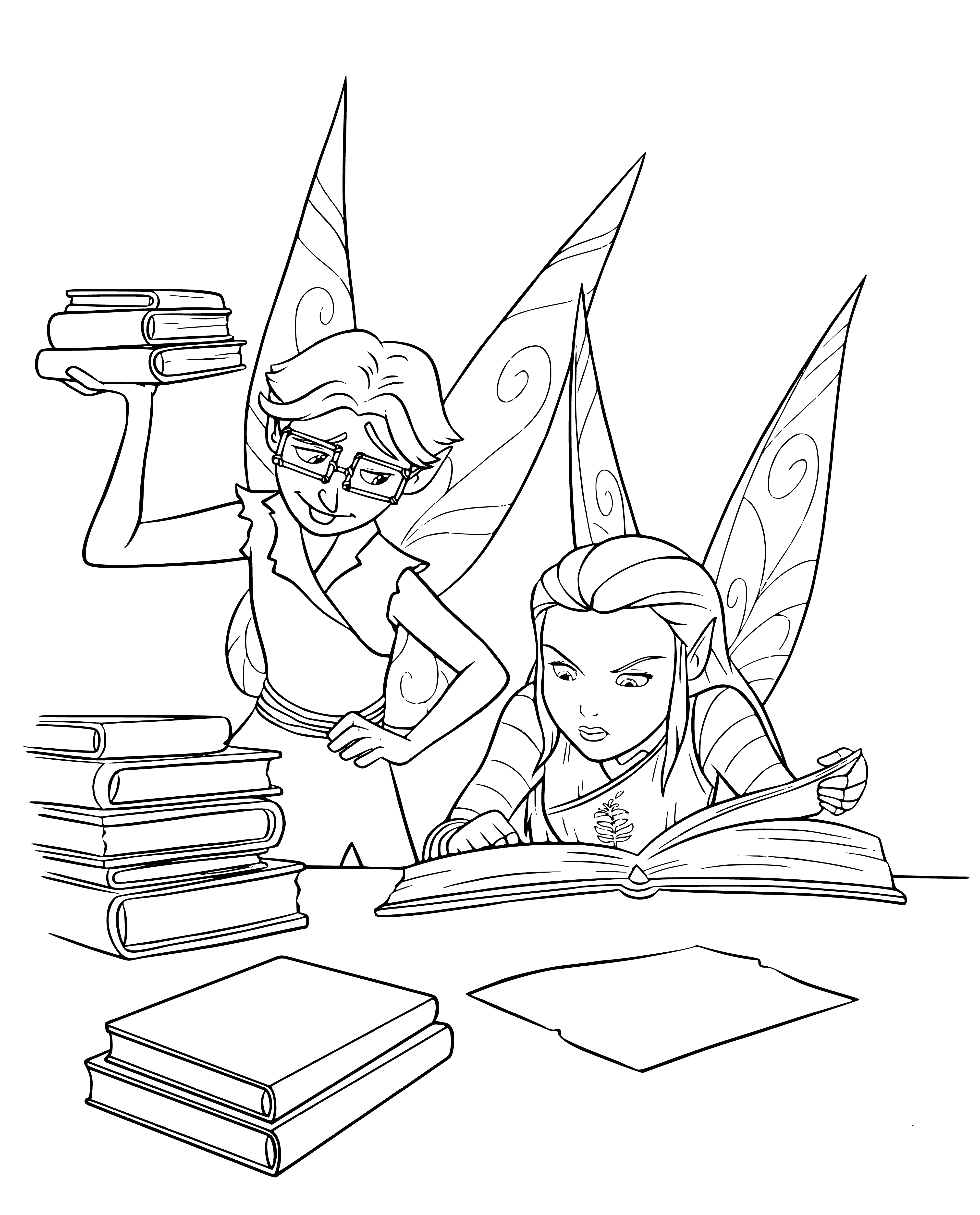 coloring page: Nyx, a dragon-like NeverBeast, searches a library for something, surrounded by books and sharp teeth.