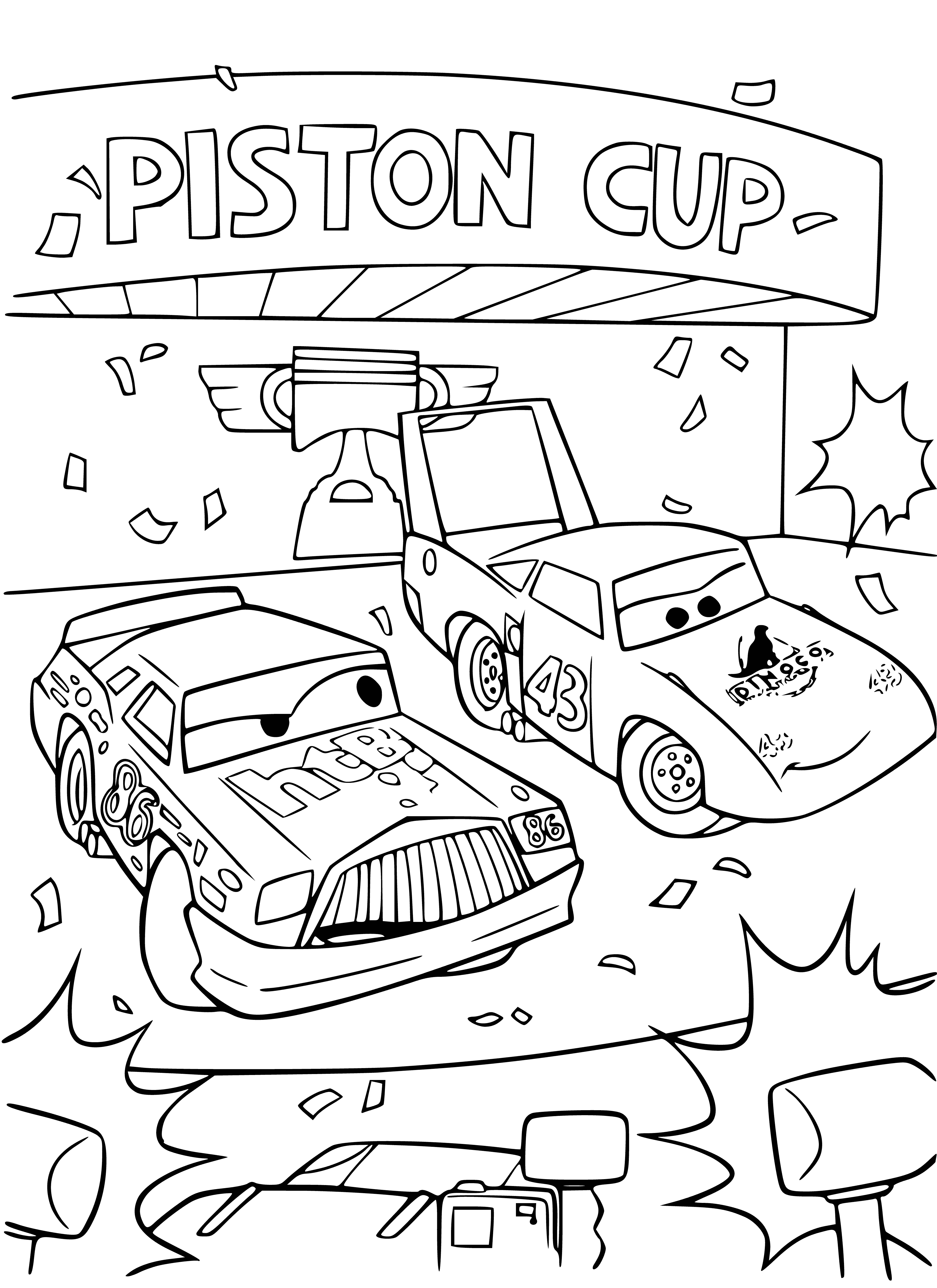 coloring page: Centered on wooden base, gold/silver Piston Cup trophy w/3 silver pistons & 4 car tags. Red banner reads "Piston Cup". #coloringpage
