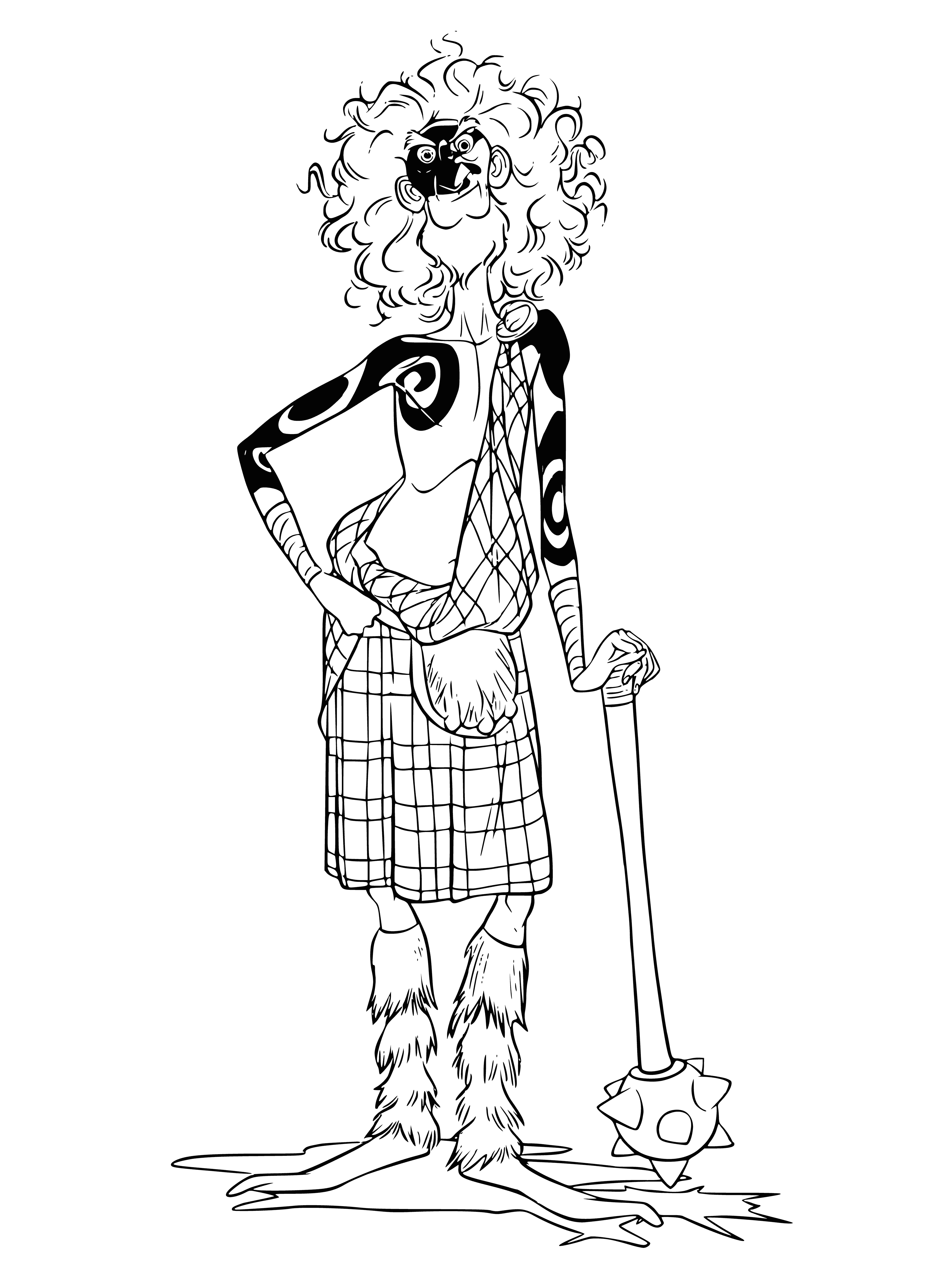 coloring page: Young man wearing kilt and red jacket w/ sword, looking into the distance.