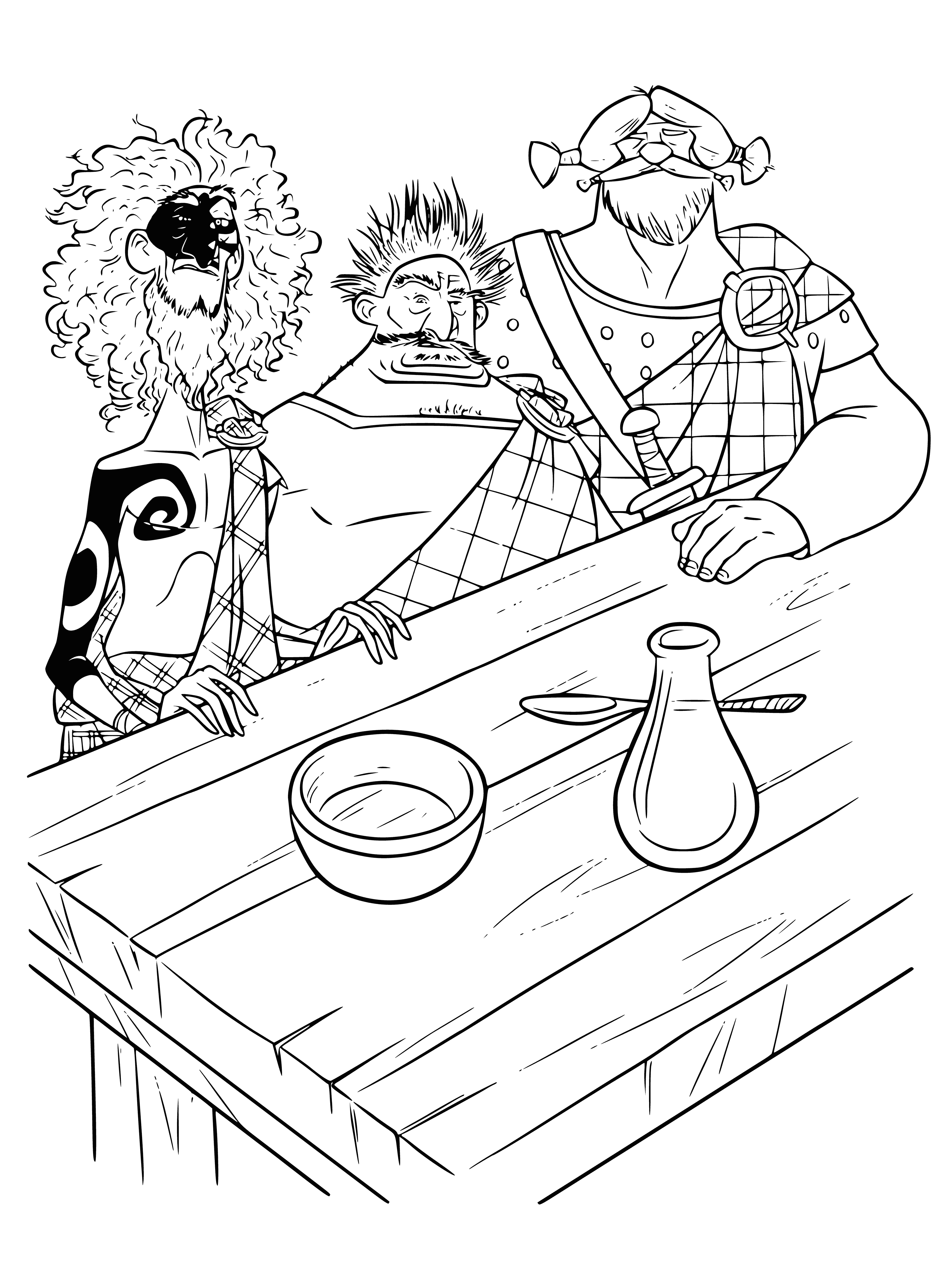 coloring page: Brave Scottish Lords around a table, discussing a battle - determination and courage evident in their faces, ready to fight and be a force to reckon with. #ScottishPride