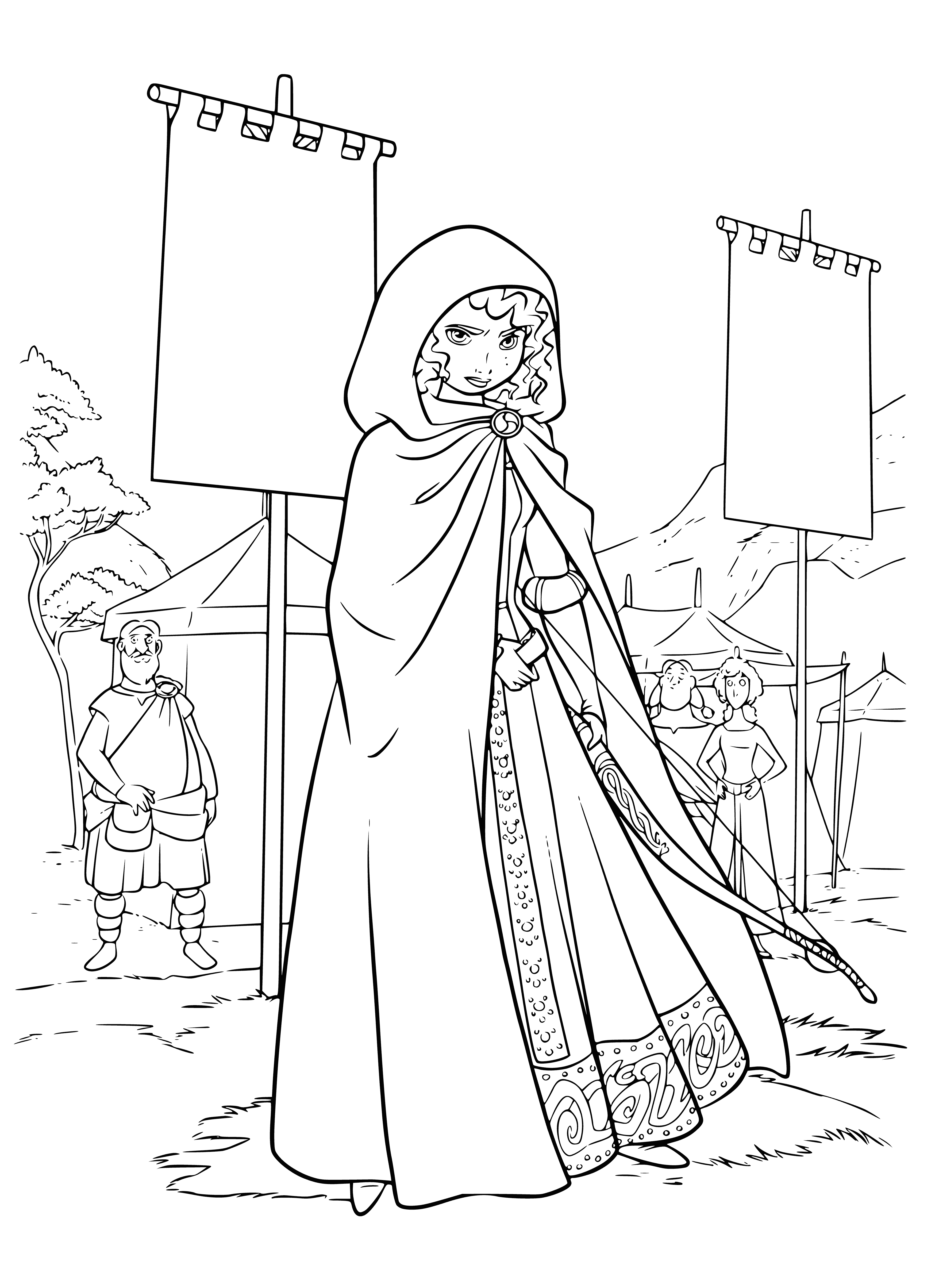 coloring page: Girl in green dress w/ blue sash stands in front of crowd, holding bow and arrow.